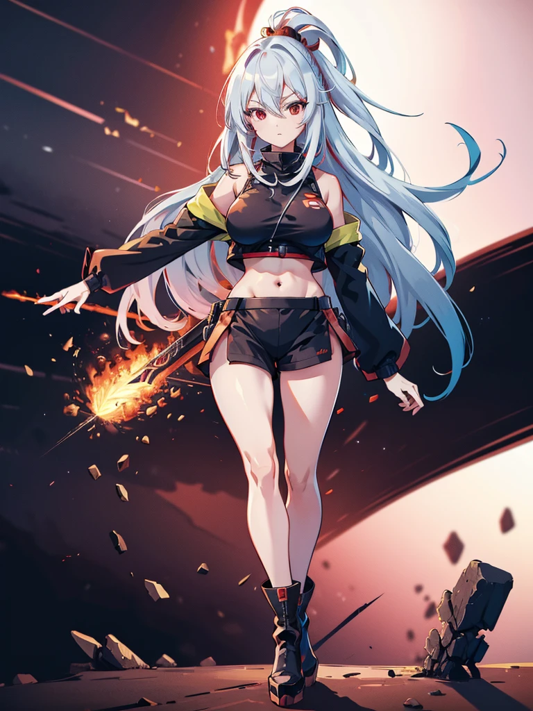 (masutepiece, Best Quality), (Perfect athlete body:1.2), (detailed hairs), Ultra-detailed, Anime style, Full body, Cyberpunk Ninja Girl, Japan Hairstyles, Red Eyes, Wield a giant flaming sword, Standing in the wasteland, Wear high-tech boots, 8K High Resolution, trend artstation, White background, Standing in the wasteland, Whole body, alone, Full body, sexy body, WINGS ON HER BACK, FIRE WINGS, belly showing, Big Breasts, long hair, Full HD quality, black hair with NEON RED highlights, Bangs between eyes, neon green eyes, face sexy, short jacket, slightly
