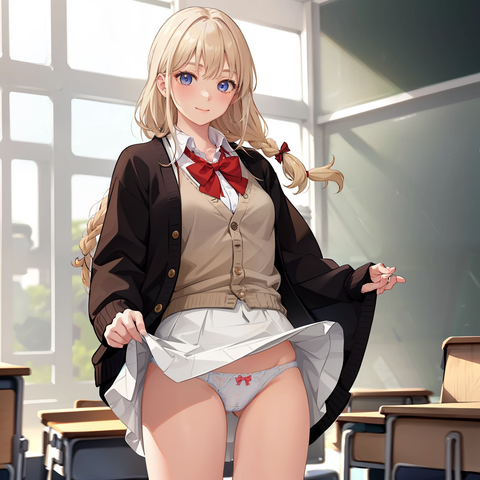 ((1 girl))、smile、small breasts、(cowboy shot)、(cardigan)、(blonde)、blush、(single braid)、(eye highlights:1.3)、blake black footwear,(黒いskirt)、bow, button, shirt with collar, long sleeve, ((red bow tie, , black jacket, open jacket, 茶色のcardigan, white shirt, 黒のskirt, チェック柄のskirt、white socks)),, shirt,, skirt, socks, thighs, white shirt, rest indoors, ((classroom:1.5))、 BREAK While watching the audience、(skirtを掴む:1.0)、 (perfect hands, perfect anatomy),cowboy shot、(skirt lift:1.3),(highly detailed white panties:1.3)、(highly detailed panties:1.3)、、(skirt that rolls up:1.3)、(fully exposed panties:1.5)、blue eyes