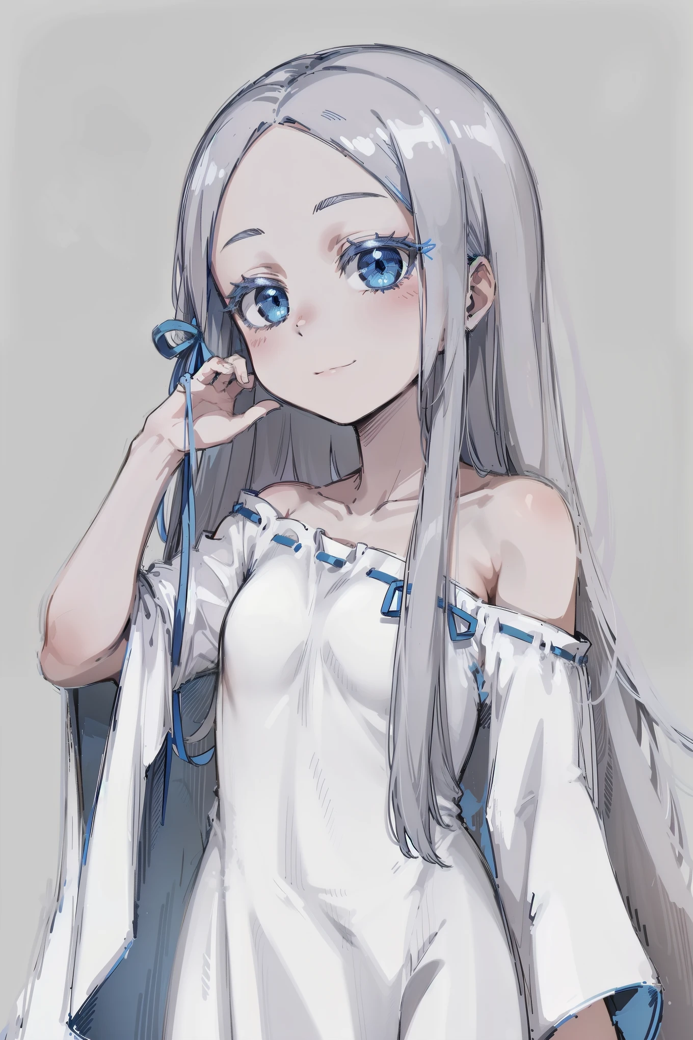 (masterpiece, best quality, ultra high quality, by quan, sketch:1.1), ((portrait)), 1girl, solo, pandora, blue eyes, long hair, grey hair, white hair, forehead, blush, bangs, small breasts, parted bangs, barefoot, neutral, innexpressive, small smile, thighs, ((pddf)), dress, dress ribbon, hair ribbon, white dress, loose dress, blue ribbon, bare shoulders, (gigachad pose, monochrome), upper body, standing, isometric lightning, gray background, simple background