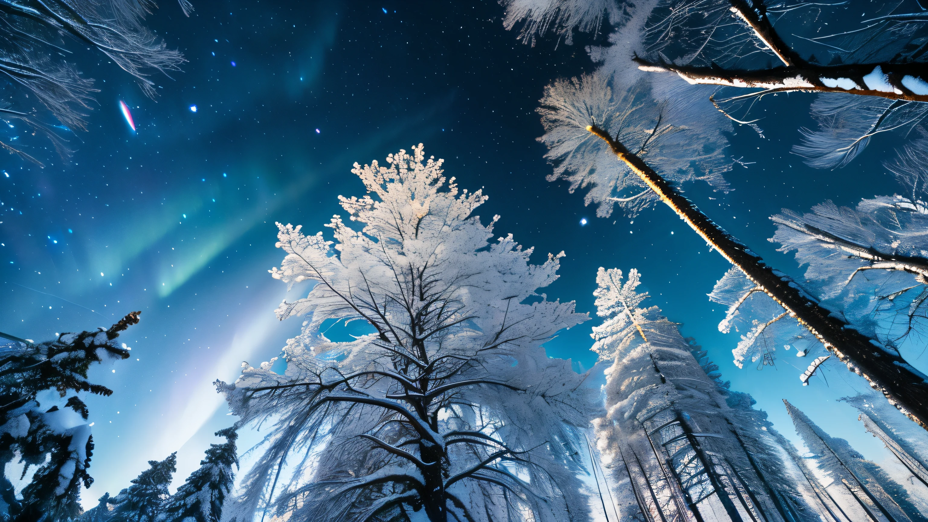 ((highest quality, 8k, masterpiece, photorealism, RAW photo, highest quality)), snow and ice covered trees against night galaxy sky, clear winter night、starry sky, snowy trees, cannon snowy trees, winter snow, snow, pale as the first snow of winter, huge white tree in winter, snowy winter, winter in snow, Branches reach the sky, snow falls on trees and ground, seen from below, Cold snow, surreal, High resolution realism, realistic pictures, Professional color correction, Canon EOS 5D Mark IVで撮影 , Galaxy and aurora visible in the sky