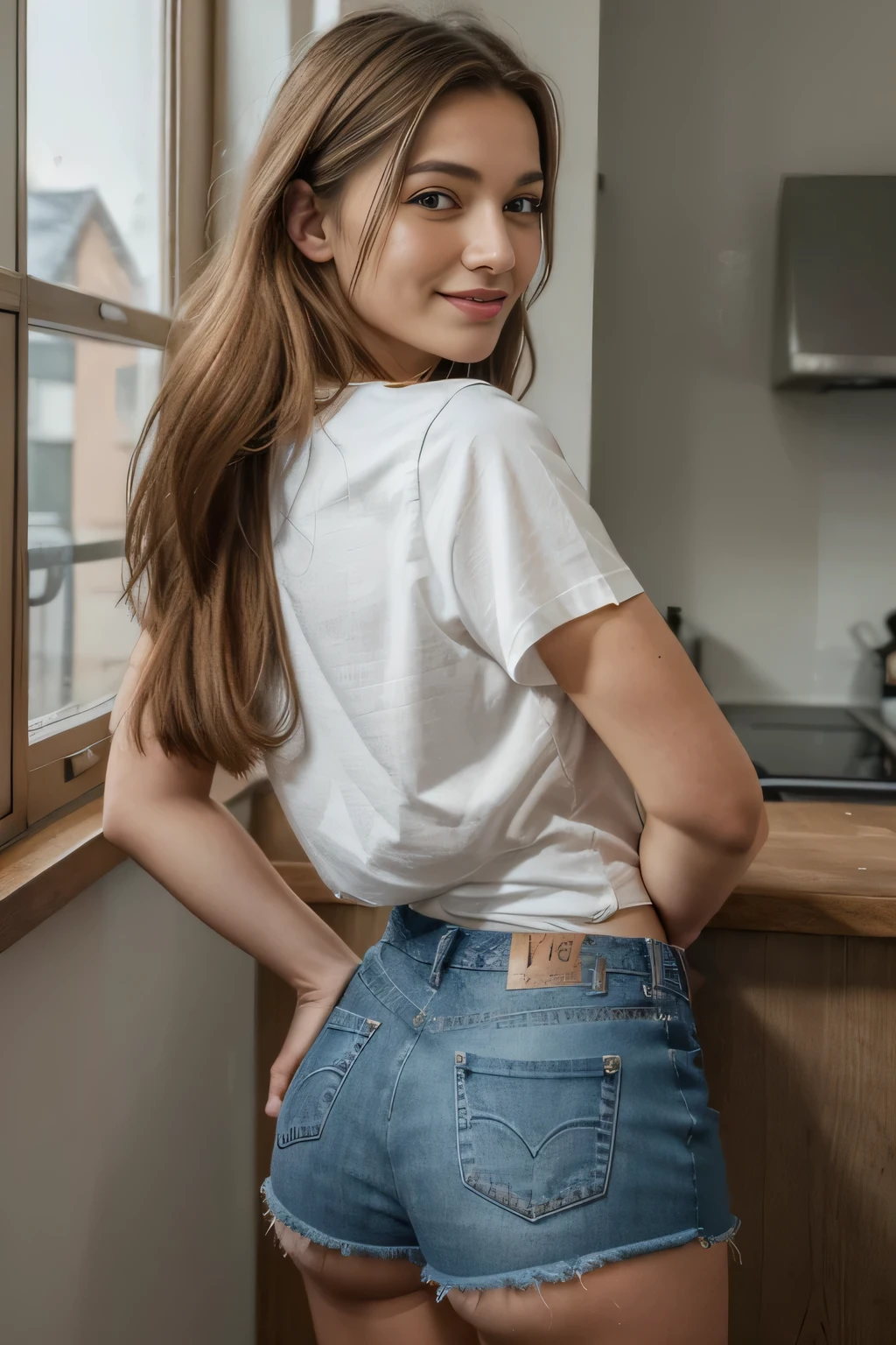 (best quality,highres,ultradetailliert:1.2), hdr, Beautiful girl, Lively atmosphere, atemberaubenden Blick, freudiger Ausdruck, Lachen, , Langes, wallende Haare, unbeschwerte Momente, looking into the camera, little jeans shorts, shot from behind, ass out the jeans shorts