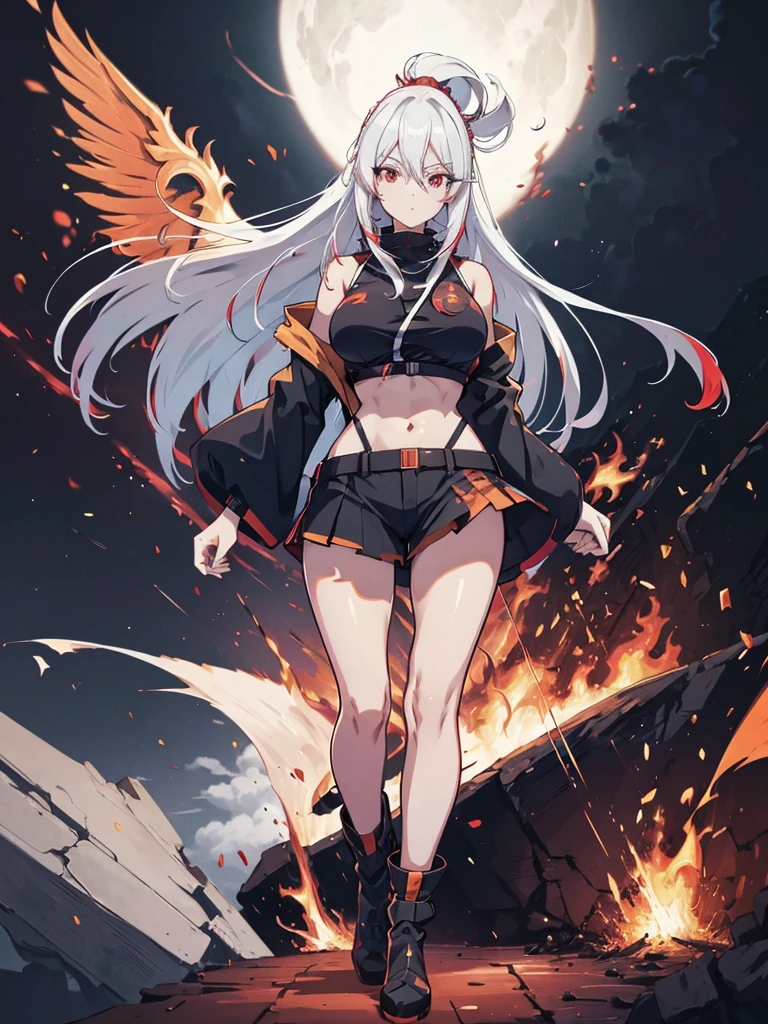 (masutepiece, Best Quality), (Perfect athlete body:1.2), (detailed hairs), Ultra-detailed, Anime style, Full body, Cyberpunk Ninja Girl, Japan Hairstyles, Red Eyes, Wield a giant flaming sword, Standing in the wasteland, Wear high-tech boots, 8K High Resolution, trend artstation, White background, Standing in the wasteland, Whole body, alone, Full body, sexy body, WINGS ON HER BACK, FIRE WINGS, belly showing, Big Breasts, long hair, Full HD quality, black hair with NEON RED highlights, Bangs between eyes, neon green eyes, face sexy, short jacket, slightly