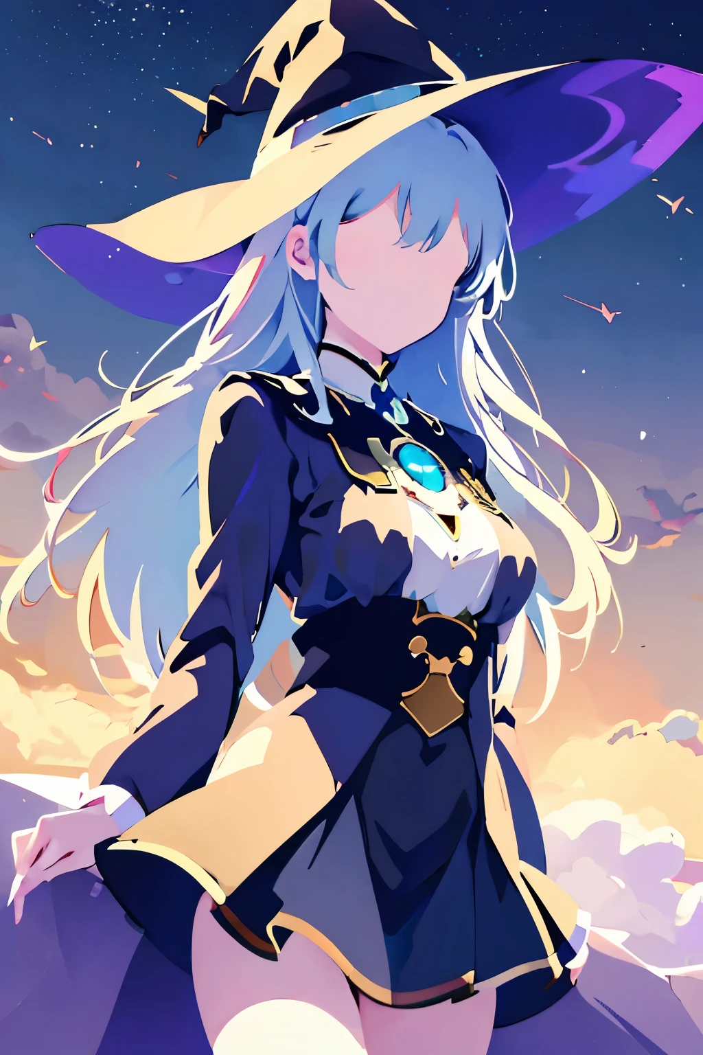 Super shiny hologram metallic clear bodysuit、bold pose、perfect lighting、Holographic metallic clear bodysuit, A girl with long silver hair wearing a witch hat stands alone in an outdoor scene. The sky is filled with fluffy clouds, creating a beautiful backdrop. The girl's hair is intricately detailed, flowing freely in the gentle breeze. Her witch hat is adorned with intricate patterns and adds a touch of mystery to her appearance. The sky above is a vibrant shade of blue, with scattered clouds creating a dreamy atmosphere. The day is bright and sunny, casting a warm glow on the surroundings. As the girl gazes upwards, she is captivated by the sight of a crescent moon visible amidst the daylight. A bird flies gracefully across the sky, adding to the sense of tranquility. This artwork is a masterpiece, with ultra-detailed features that bring the scene to life. The artwork showcases the beauty of nature and the enchantment of the witch's world.