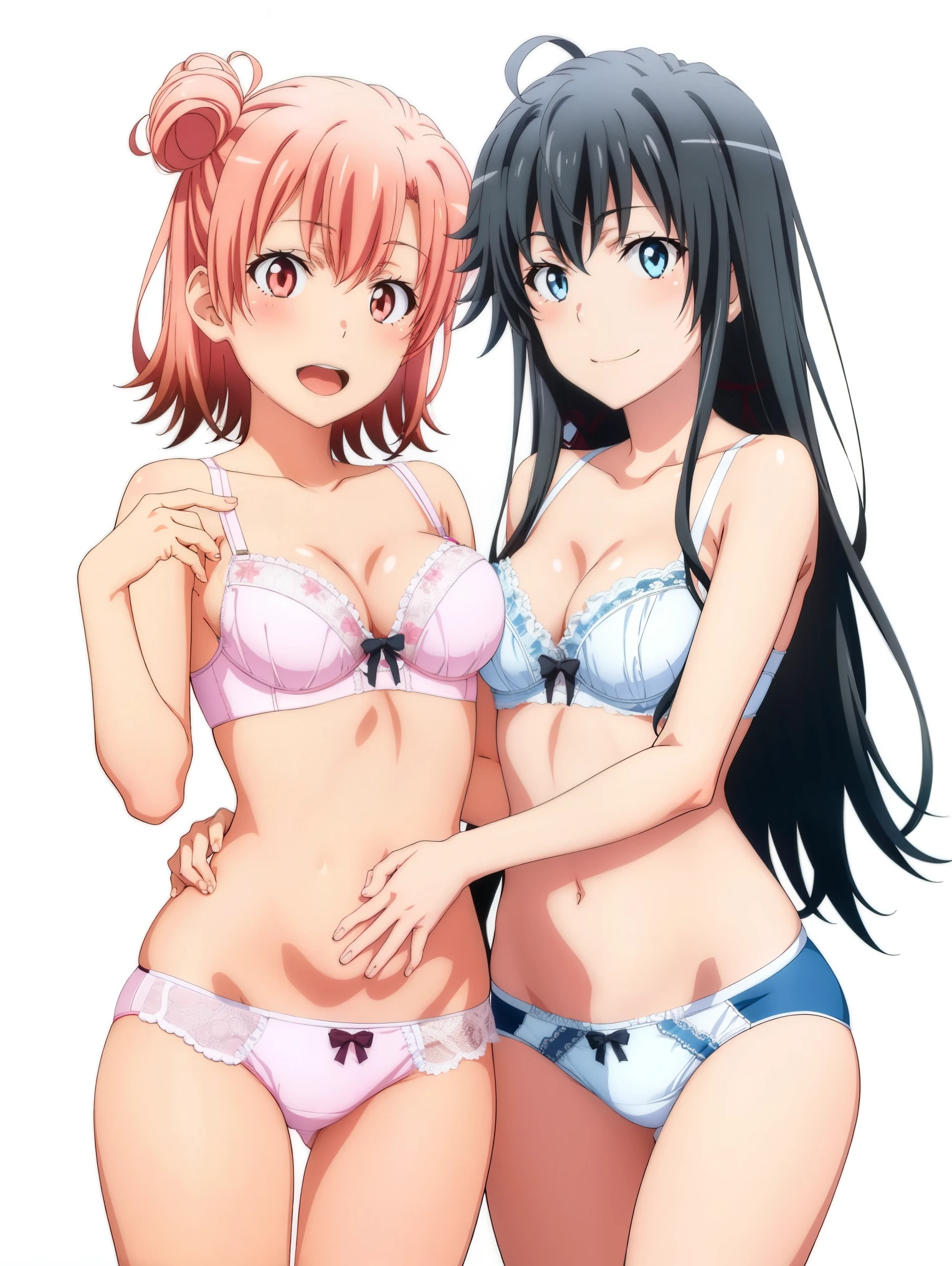 2 girls , No background,Yukinoshita Yukino , (full breats Yuigahama Yui ), waltz dance , sexy underwear,,white bra,white panties,pink bra,Peach-colored panties,