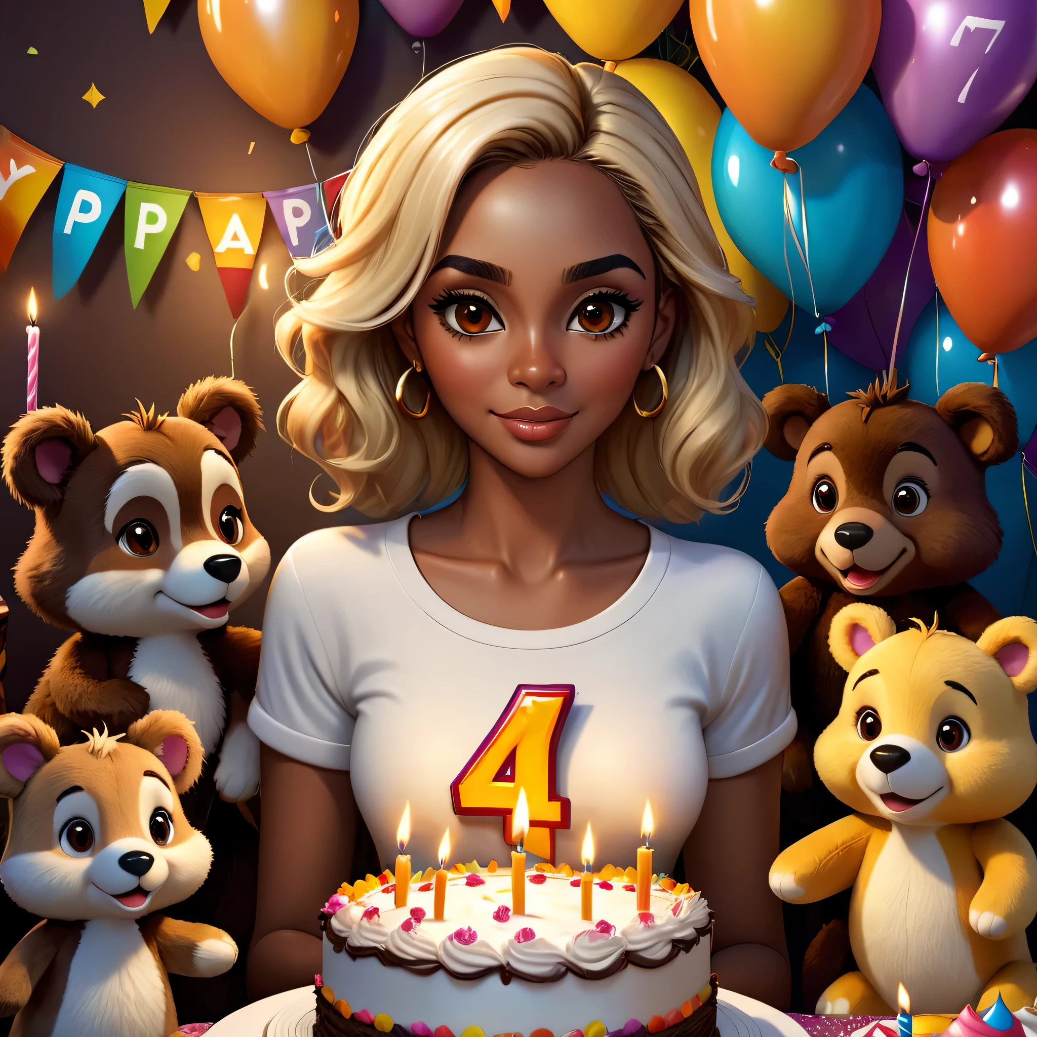 uma arte realista em estilo de desenho animado 3D de uma mulher brasileira marrom escura, olhos castanhos e cabelos loiros, com um corpo magro, enjoying her birthday with a candle with the number 47 on the cake and around her several stuffed animals wearing t-shirts with the number 47 of different faces looking at her with a birthday party atmosphere