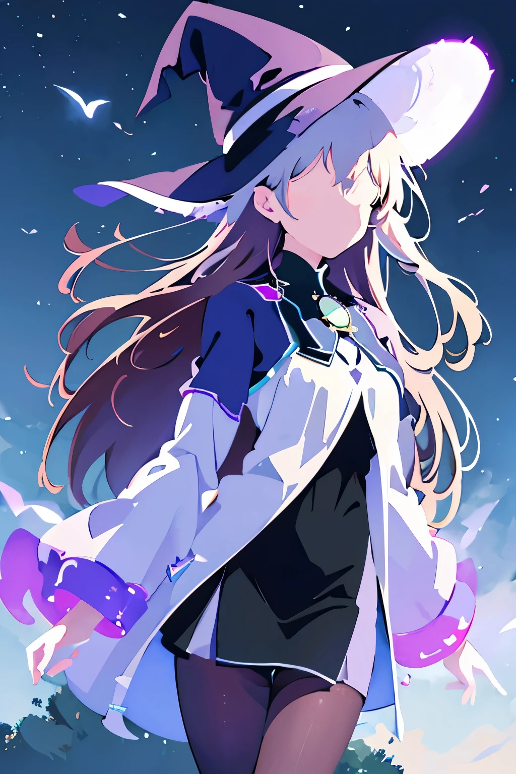 Super shiny hologram metallic clear bodysuit、bold pose、perfect lighting、Holographic metallic clear bodysuit, A girl with long silver hair wearing a witch hat stands alone in an outdoor scene. The sky is filled with fluffy clouds, creating a beautiful backdrop. The girl's hair is intricately detailed, flowing freely in the gentle breeze. Her witch hat is adorned with intricate patterns and adds a touch of mystery to her appearance. The sky above is a vibrant shade of blue, with scattered clouds creating a dreamy atmosphere. The day is bright and sunny, casting a warm glow on the surroundings. As the girl gazes upwards, she is captivated by the sight of a crescent moon visible amidst the daylight. A bird flies gracefully across the sky, adding to the sense of tranquility. This artwork is a masterpiece, with ultra-detailed features that bring the scene to life. The artwork showcases the beauty of nature and the enchantment of the witch's world.