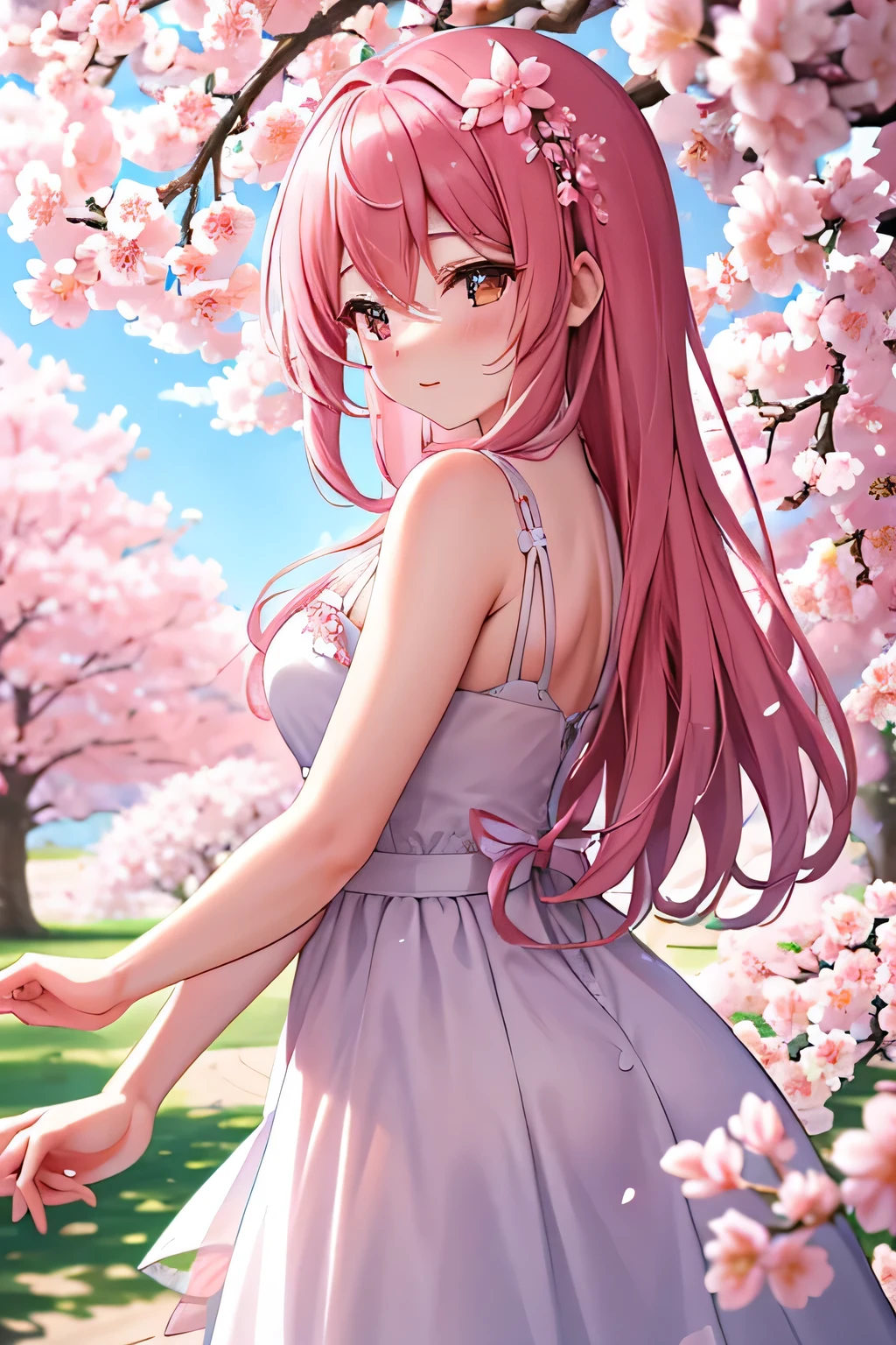 Stunning, masterpiece-worthy cherry blossoms tree in full bloom graces the serene park, petals softly cascading to the ground, best quality at its finest, incredibly detailed branches adorned with pink Blossoms, perfect lighting, bringing a sense of tranquility, One majestic tree, springtime in full swing.