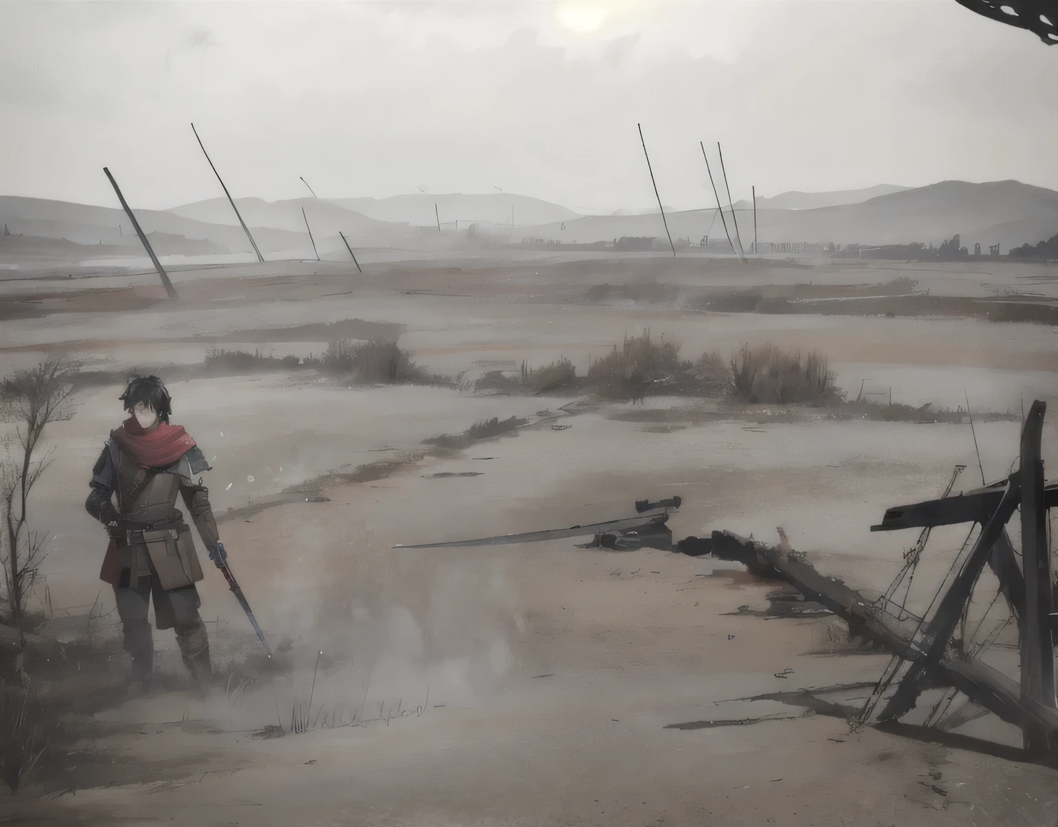 (a young man on a battlefield with a sword in his hand),(best quality,high resolution),(realistic:1.37),(portrait,guerre),(Sombre,graveleux),(Couleurs vives),(dramatic lighting),(terrain boueux),(expression intense),(ready for battle),(venteux),(vêtements en lambeaux),(ambiance tendue),(distant smoke),(cicatrices),(fond brumeux),(focused eyes),(fierce fighting stance),(upguerred angle),(flou de mouvement),(armure vieillie)