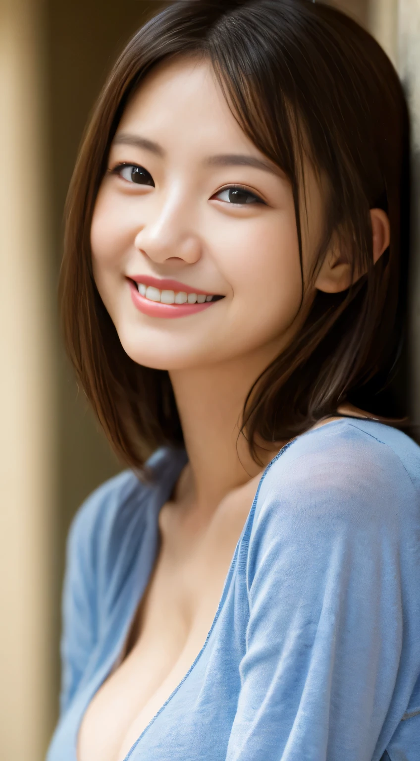 masterpiece,best quality,(Japanese ),((Beautiful girl)),cleavage,indoor,(perfect body beauty:1.2),(shy smile),beautiful teeth,