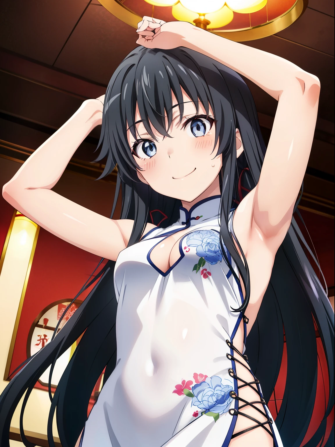 (highest quality, High resolution, perfect pixel, Depth of the bounds written, 4k, beautiful anime girl),
looking at the viewer,
perfect body,
yukinoshita yukino, dark hair, long hair,
(blush all over the face:1.3),
smile,
casino,
(oekakizuki china dress), white china dress,
from below, upper body, arms up,