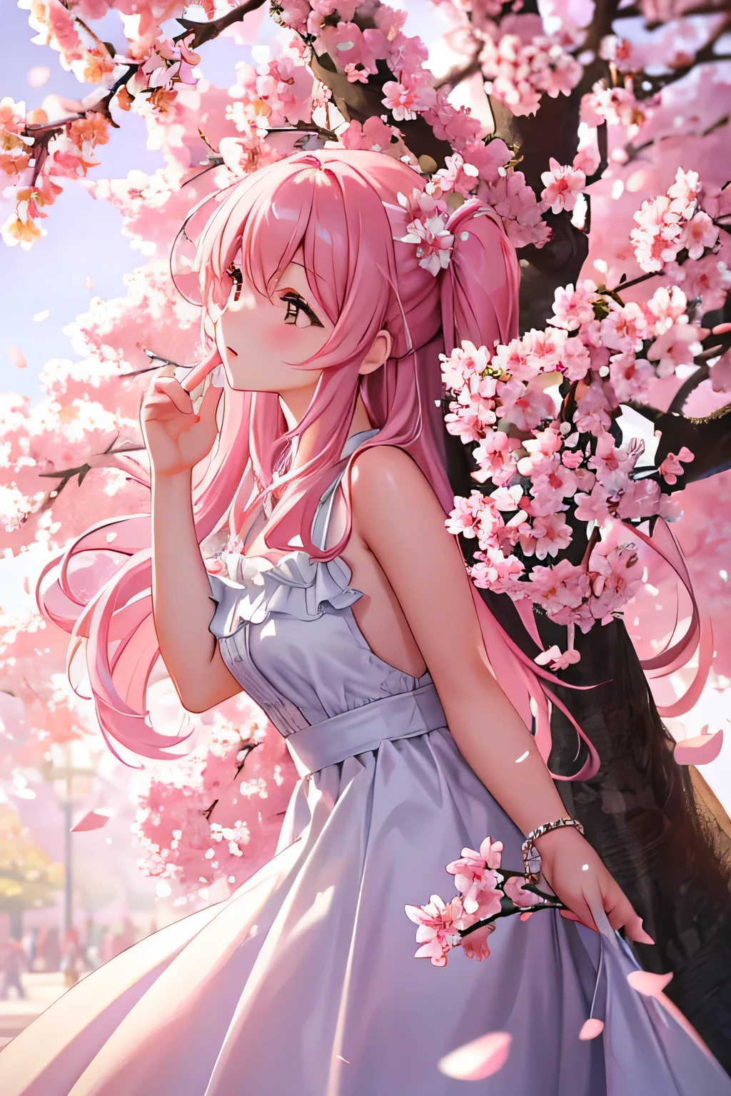 Stunning, masterpiece-worthy cherry blossoms tree in full bloom graces the serene park, petals softly cascading to the ground, best quality at its finest, incredibly detailed branches adorned with pink Blossoms, perfect lighting, bringing a sense of tranquility, One majestic tree, springtime in full swing.