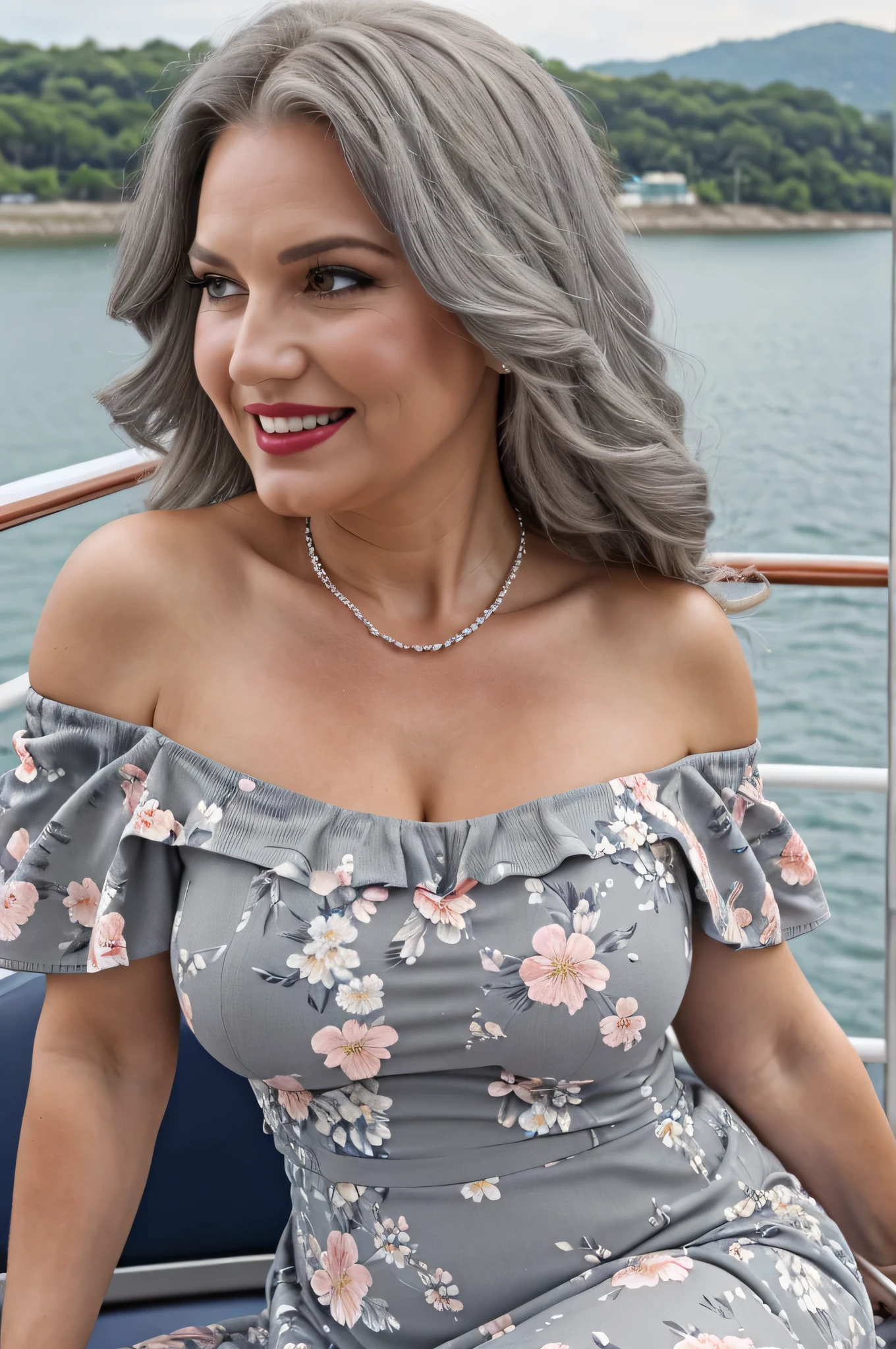 gordo, uma linda mulher de 70 anoaduro), ((usando um vestido curto FLOWERY com ombros largos)), Realista, Gordinho, rosto liso, Olhos perfeitos, simIt istrico, 8K high definition, incrivelmente detalhado, intricado, elegante, arte de David Kostic e Stanley Lau e Artgerm, pele perfeita, lindo atemporal, gordo, maduro, (Seios enormes:1.1), (longos cabelos grisalhos), colares, pulseiras, batom, (AO AR LIVRE EM UM NAVIO DE CRUZEIRO) , It is, puppy position, It is, Vista lateral, sorridente