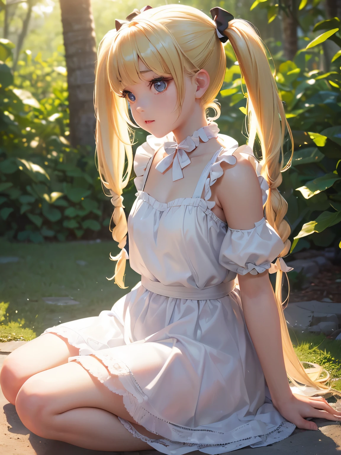 (8k, RAW photo, best quality, masterpiece:1.2), (realistic, photo-realistic:1.37), professional lighting, photon mapping, radiosity, Korean Doll, park, white summer dress,((( itegirl with blonde twin tails)))