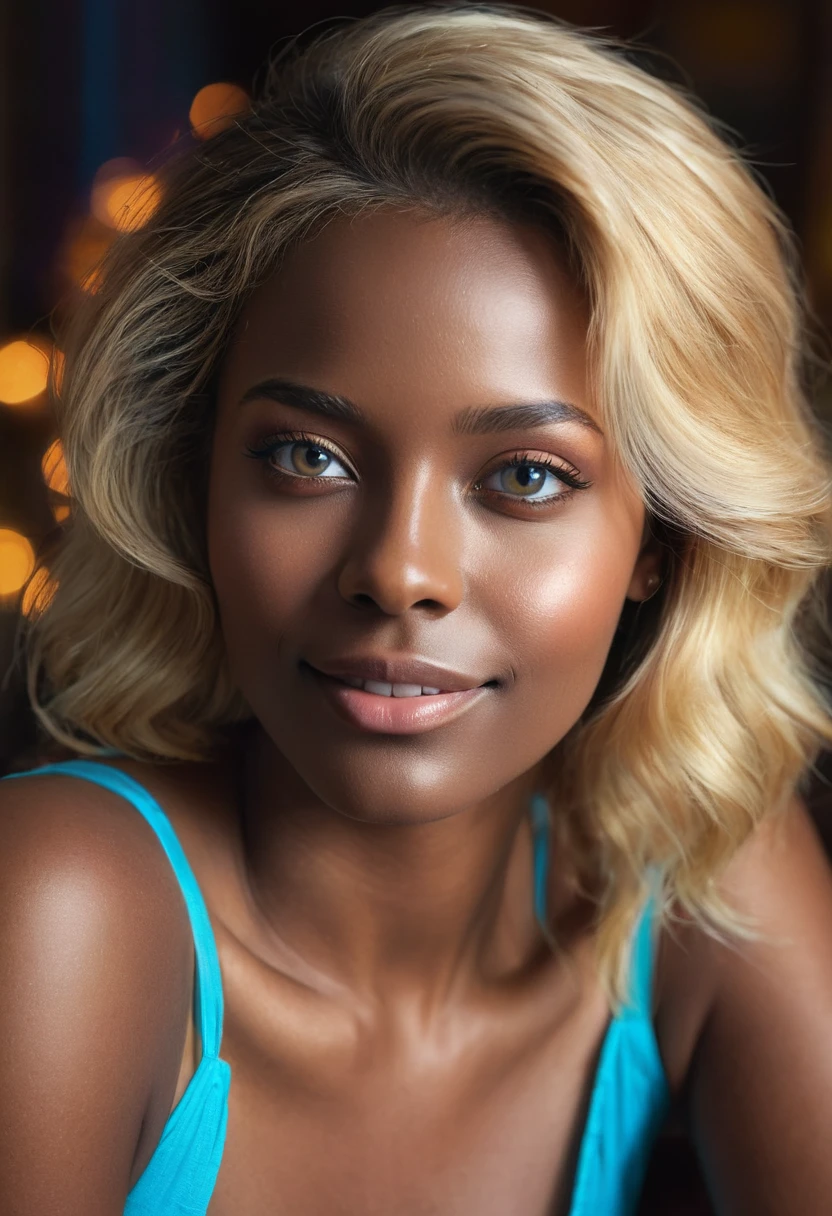 (belle femme,Alba Laurent:1.2),dark-skinned,blonde hair,not looking at the viewer,detailed eyes,soft smile,vibrant colors,dreamlike lighting,portrait,photorealistic, (((dark-skinned)))