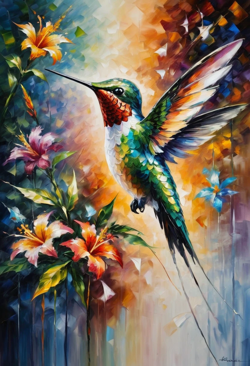 Hummingbird by Leonid Afremov, anime realism, best quality, masterpiece, 8k, Representative work, official art, Professional, Ultra intricate detailed