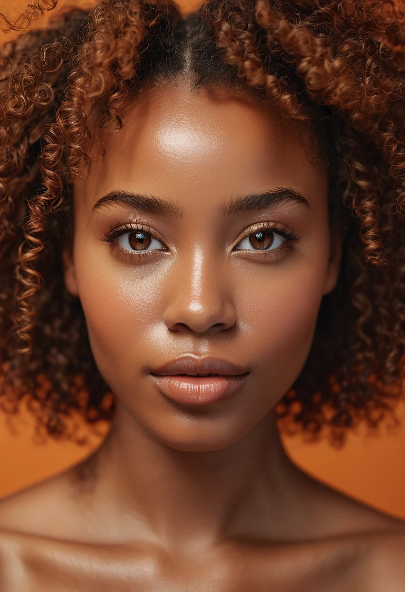 medium close-up photo of a beautiful african woman, adorable face, brown curly hair, no makeup, realistic skin texture, warm, low saturation, orange, rich colors, by Alessio Albi, nikon d850, zeiss otus 85mm f/1.4, hyper realistic ,lifelike texture, dramatic lighting, cinestill 800