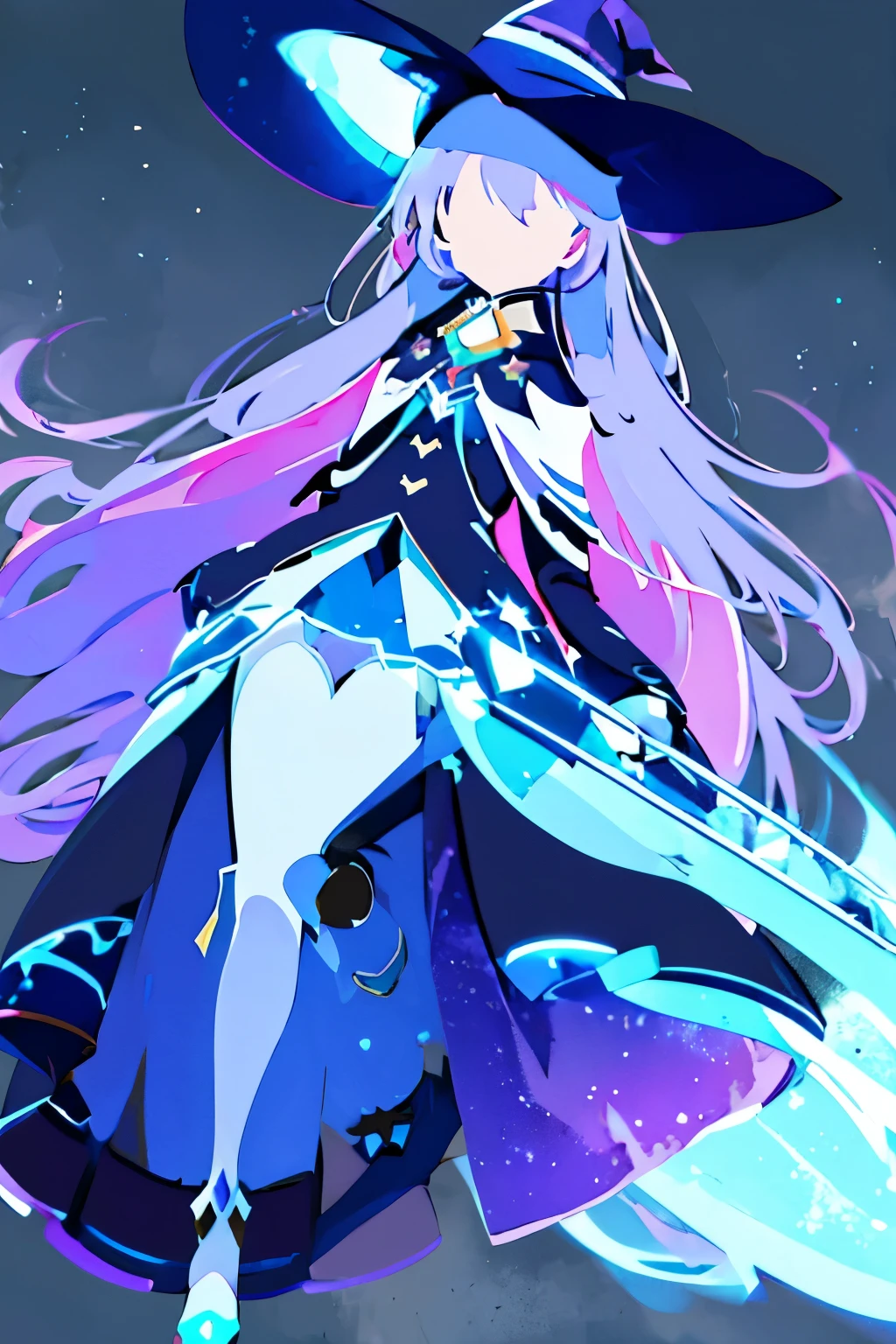 Super shiny hologram metallic clear bodysuit、bold pose、perfect lighting、Holographic metallic clear bodysuit, A girl with long silver hair wearing a witch hat stands alone in an outdoor scene. The sky is filled with fluffy clouds, creating a beautiful backdrop. The girl's hair is intricately detailed, flowing freely in the gentle breeze. Her witch hat is adorned with intricate patterns and adds a touch of mystery to her appearance. The sky above is a vibrant shade of blue, with scattered clouds creating a dreamy atmosphere. The day is bright and sunny, casting a warm glow on the surroundings. As the girl gazes upwards, she is captivated by the sight of a crescent moon visible amidst the daylight. A bird flies gracefully across the sky, adding to the sense of tranquility. This artwork is a masterpiece, with ultra-detailed features that bring the scene to life. The artwork showcases the beauty of nature and the enchantment of the witch's world.