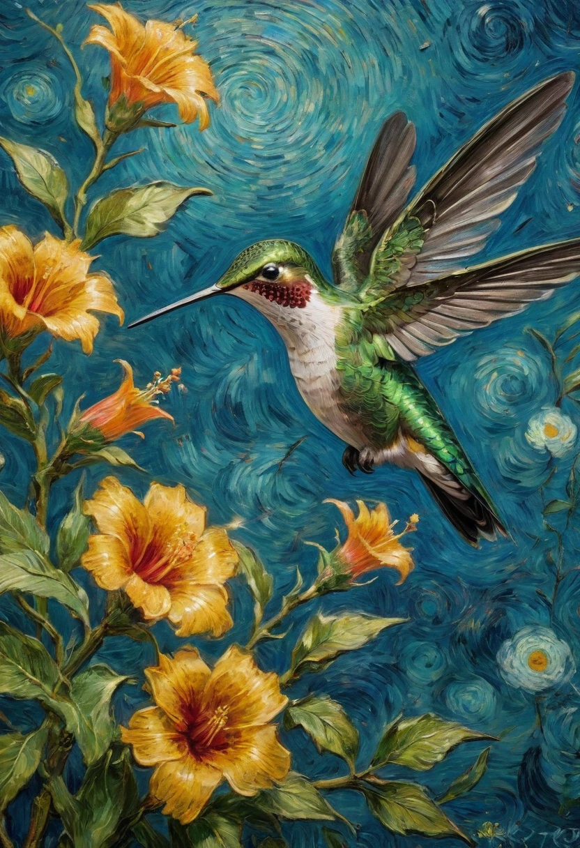 Hummingbird by van gogh, anime realism, best quality, masterpiece, 8k, Representative work, official art, Professional, Ultra intricate detailed