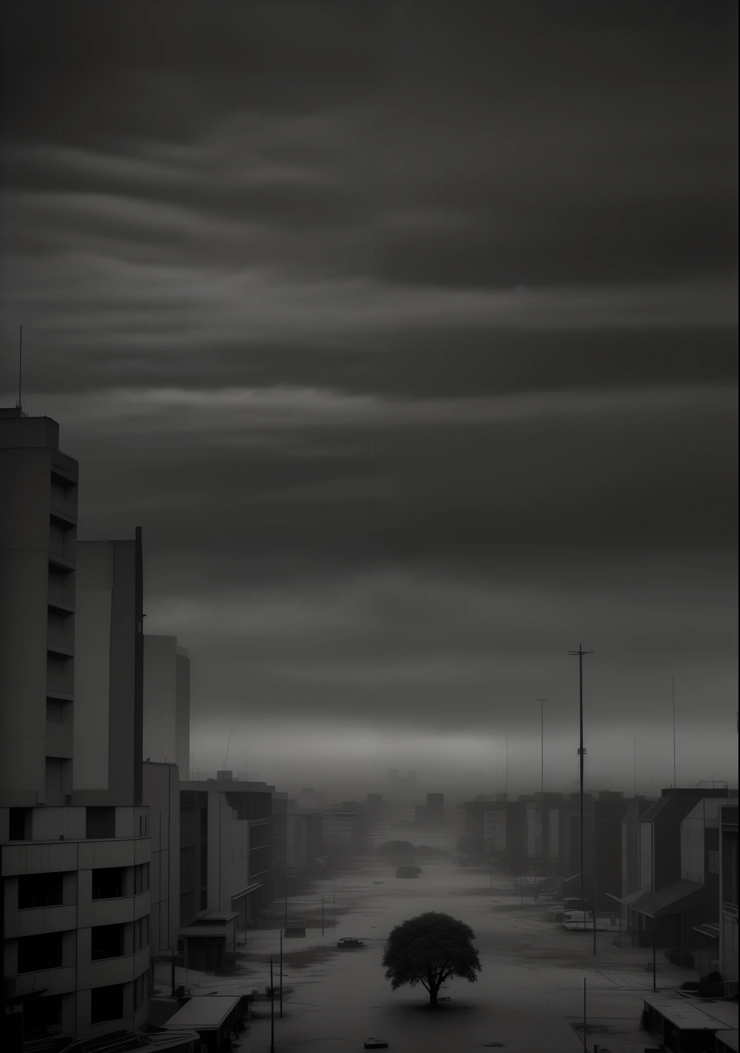 devasted city, post-apocalyptic, cloudy and gloomy sky, fog, (zombies wandering in the city), far vision, sepia coloring, ishéus-bahia,