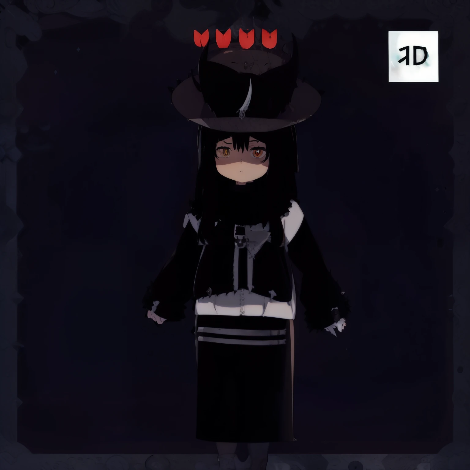 hay una caricatura de una mujer vestida con un sombrero de copa, sin linea, Gapmoe Yandere Grimdark, unknown art style, una oveja, ( ( ojos negros profundos ) ), ( ( ( ( renderizado 3d ) ) ) ), anime estilizado, Gloomy style, anime estilizado, personaje de bruja oscura, sombrero oscuro, (((((((sin brillo)))))))