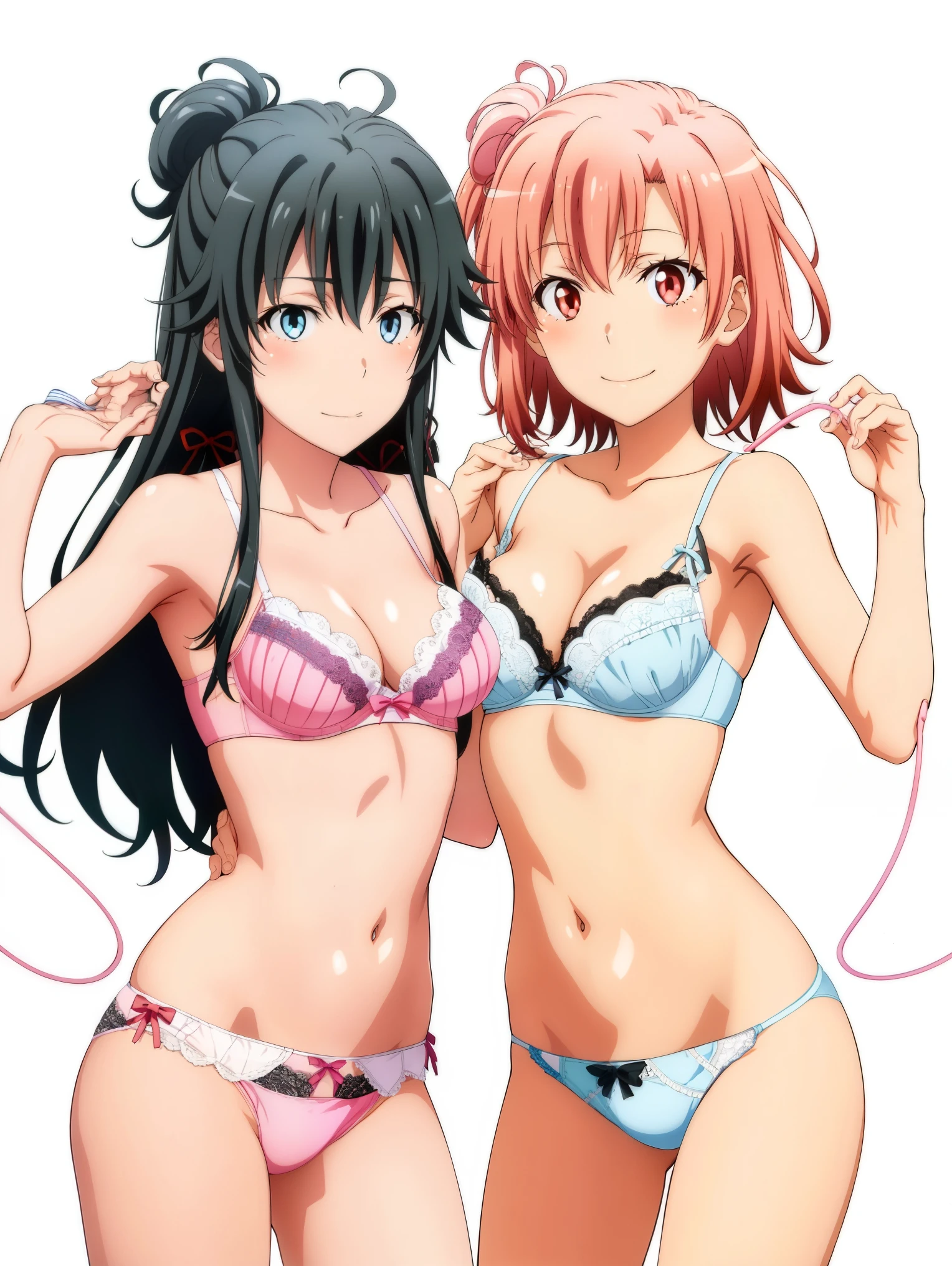 2 girls , No background,Yukinoshita Yukino , (full breats Yuigahama Yui ), waltz dance , underwear,,white bra,(white string :1.0),pink bra,(pink string panties