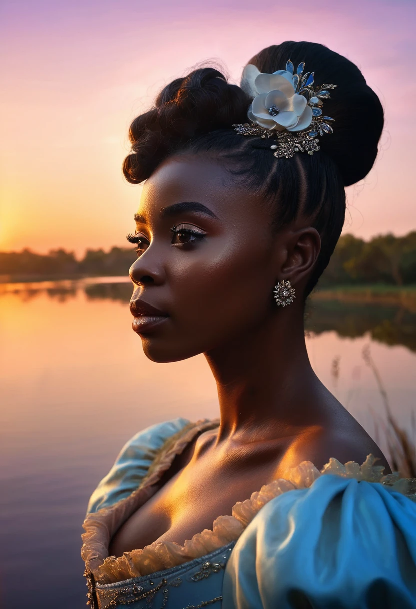 Retrato realista de una mujer africana de piel morena oscura quemada por el sol, Cabello largo:2
Rizado, Ropa de princesa, Long Rococo Style Cinderella, Imagen intrigante, Imagen limpia, Al fondo un hermoso lago, Colores brillantes, cinematic shadows,