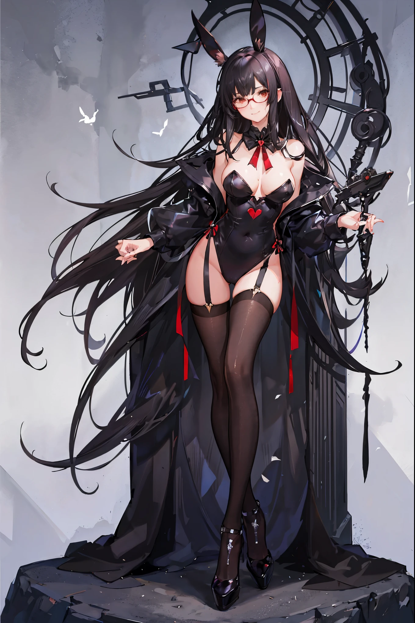 "anime girl, 1 person, black hair, shoulder length hair, red eyes, glasses, white horns, black bunny suit, black bunny girl,black bunny suit, big breasts, high heels, blushing, lewd face, smile ,standing cross-legged, viewed from different directions, rabbit hole, in a bar,(full HD 4K+ image)"