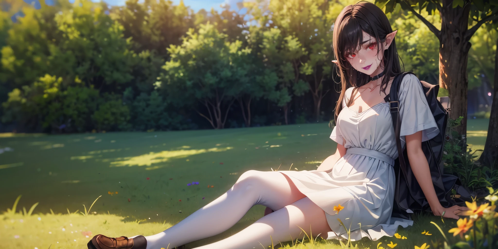 red eyes, pointy ears, long black hair, purple lipstick, makeup, pale skin, anatomically correct, sweating, choker, 1girl, sitting,  dress,  white_dress, solo, outdoors, grass, tree, white_legwear, breasts, shoes, short_sleeves, looking_at_viewer, loafers, day, brown_footwear, on_grass, pantyhose, collarbone, nature, medium_breasts, full_body, glow effects, godrays, Hand drawn, render, 8k, octane render, cinema 4d, blender, dark, atmospheric 4k ultra detailed, cinematic, Sharp focus, big depth of field, Masterpiece, colors, 3d octane render, 4k, concept art, trending on artstation, hyperrealistic, Vivid colors, extremely detailed CG unity 8k wallpaper, trending on CGSociety, Intricate, High Detail, dramatic"", hollow eyes, facing viewer, seductive smile, purple lips, red eyes, sweating, wet, looking at viewer,