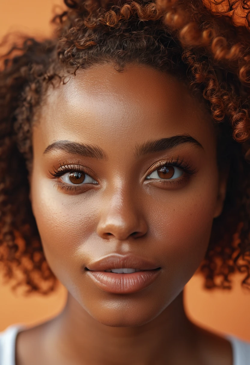 medium close-up photo of a beautiful african woman, adorable face, brown curly hair, no makeup, realistic skin texture, warm, low saturation, orange, rich colors, by Alessio Albi, nikon d850, zeiss otus 85mm f/1.4, hyper realistic ,lifelike texture, dramatic lighting, cinestill 800