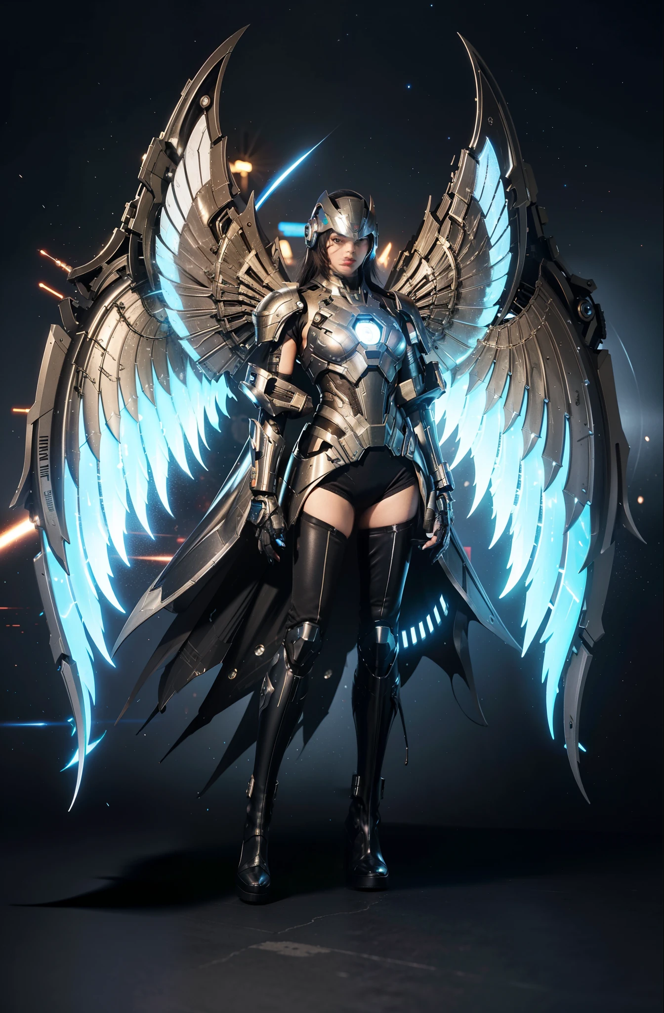 futuristic high tech style,best quality,fairy skin,(every time :1.2),Everlasting,super detailed,actual,high quality,Light,Light线追踪,ultra high definition,Upper body, Future Iron Man mecha,shooting,Battery,Launching equipment,large caliber artillery,Rostland 8K,Mecha cyber armor girl,Wearing a cyberpunk technology helmet,Star Warframe Helmet,With breathing Light,The armor of the future shines,armed cannon,high-tech armor,combat boots,Gloves,High-tech wings