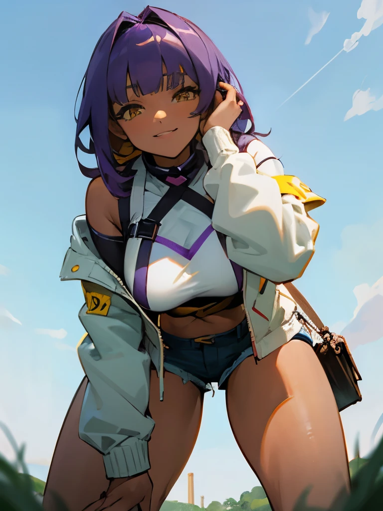 masterpiece, perfect, anime girl, anime female, busty, curvy, purple hair, want hair, long hair, yellow eyes, dark skin, tan skin, thick thighs, anime girl, beautiful anime girl, huge breasts, anime giantess, giantess, low angle, fit, beautiful, lowest angle, giantess anime woman, light purple hair, outside, outdoors, detailed shading, beautiful anime woman, fluffy bangs, gentle giantess, warm colours, casual outfit, denim shorts, white hoodie, green jacket, extreme low angle, looking down at viewer, busty, curvy, fashionable