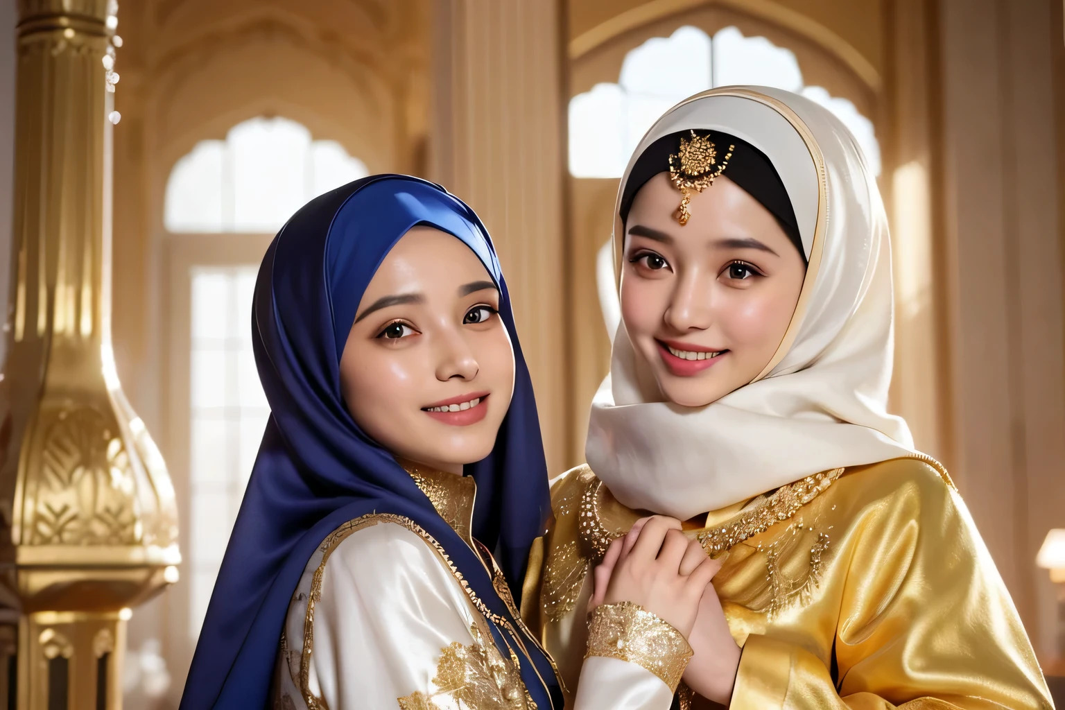 there is a woman wearing a hijab and a dress, middle eastern skin, gold syari hijab, gold pashmina hijab, gold headscarf, The girls wear silk and gold adornment, white silk robes, their heads are smiling, their expressions happiness and smile. looking at camera, cinematic, ((masterpiece)), ((best quality)), 8k, high detailed, ultra-detailed, seven beautiful girls, syari hijab, pashmina hijab, headscarf, The girls wear silk and gold adornment, white silk robes, their heads are looking up for laughter, laughing, their expressions happiness and smile. looking at camera, cinematic, inside a gold palace, UHD, ultra high res, Photorealistic,