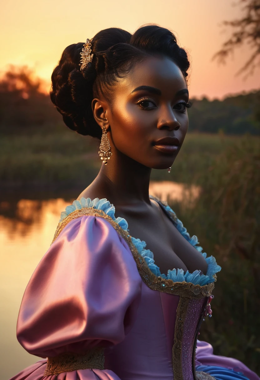 Retrato realista de una mujer africana de piel morena oscura quemada por el sol, Cabello largo:2
Rizado, Ropa de princesa, Long Rococo Style Cinderella, Imagen intrigante, Imagen limpia, Al fondo un hermoso lago, Colores brillantes, cinematic shadows,