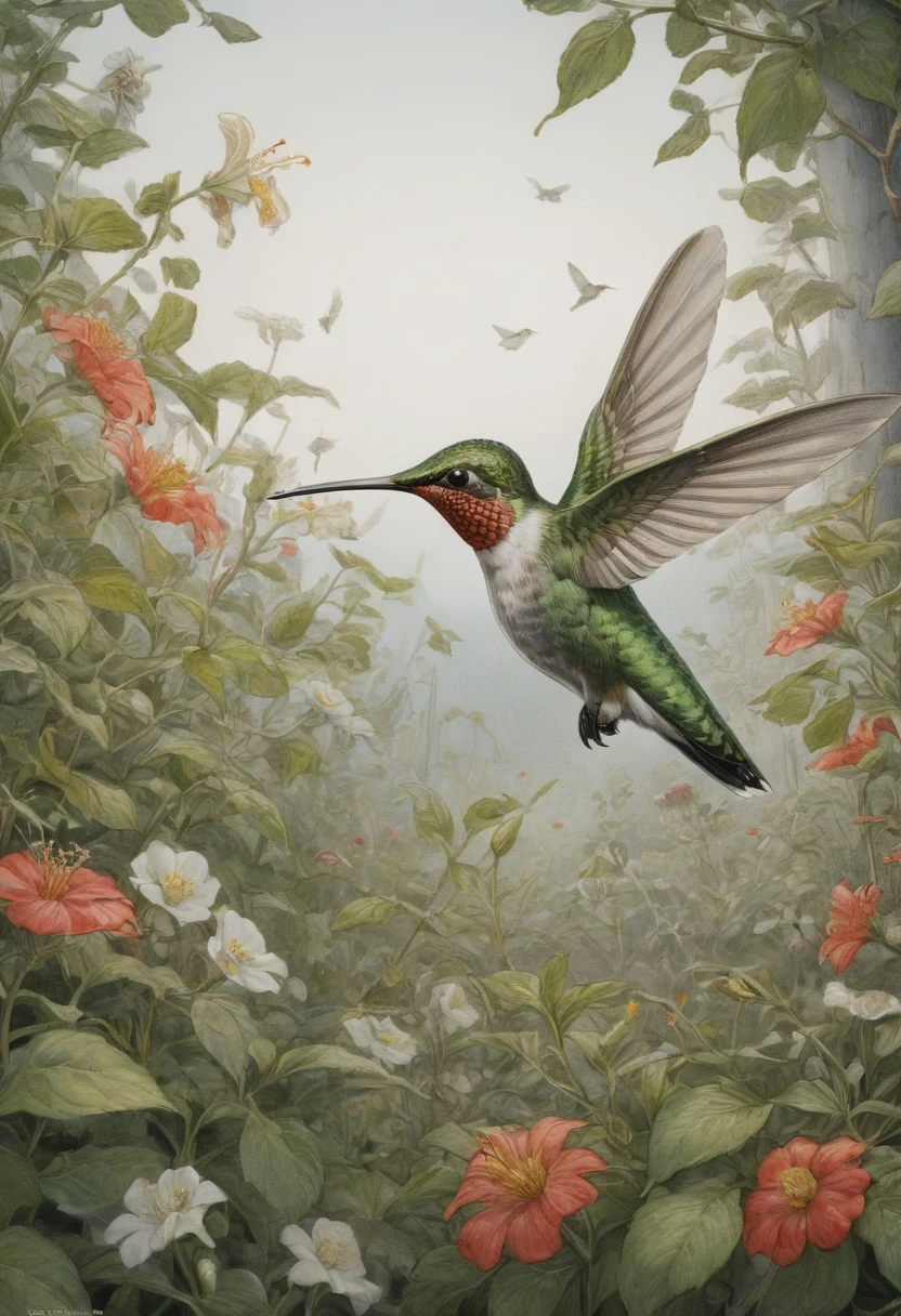 Hummingbird by Elsa Beskow, anime realism, best quality, masterpiece, 8k, Representative work, official art, Professional, Ultra intricate detailed