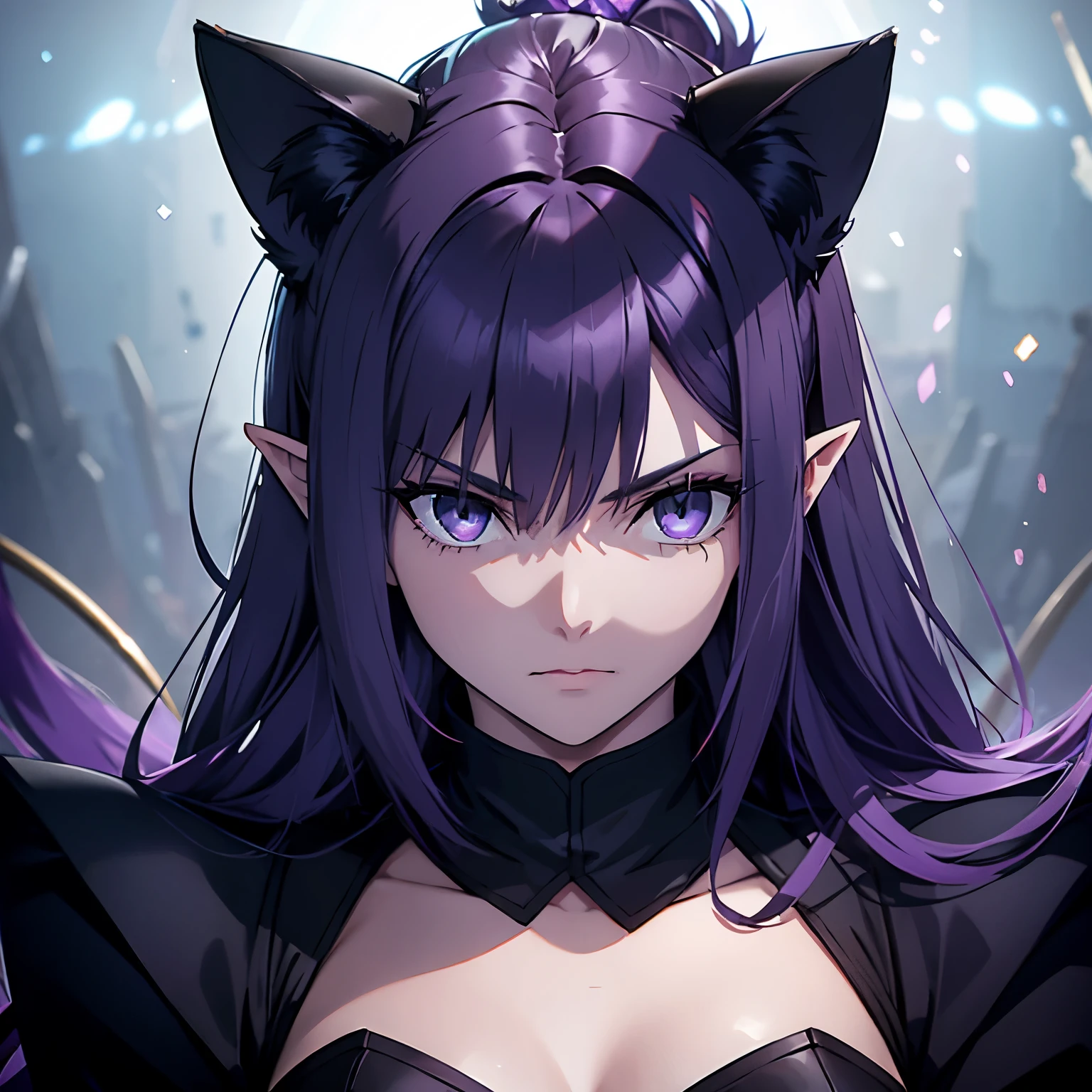 girl with pointy ears, dark colored hair between blue, purple or black, four cat eyes, black bone tails with a stinger tip