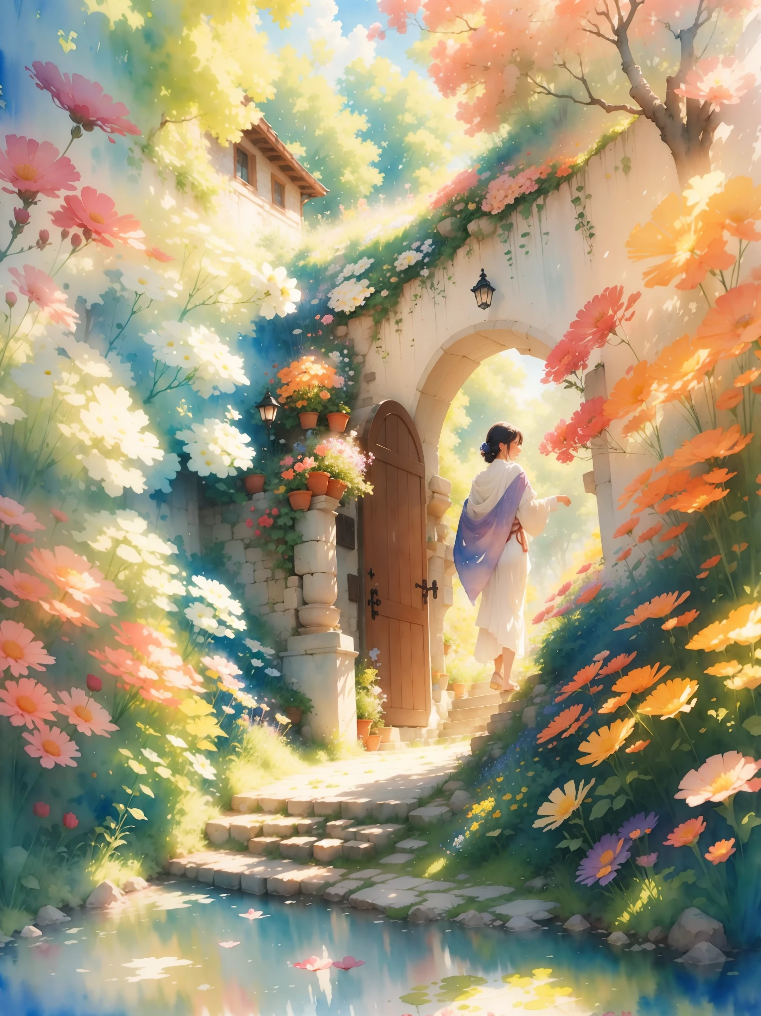 watercolor art, In this ethereal scenery, Dreams and reality are intertwined. The air is filled with the intoxicating fragrance of flowers, Exquisite perfume symphony. Flowers seem to release the soul, Their essence blends with the fragrant breeze that caresses the skin.