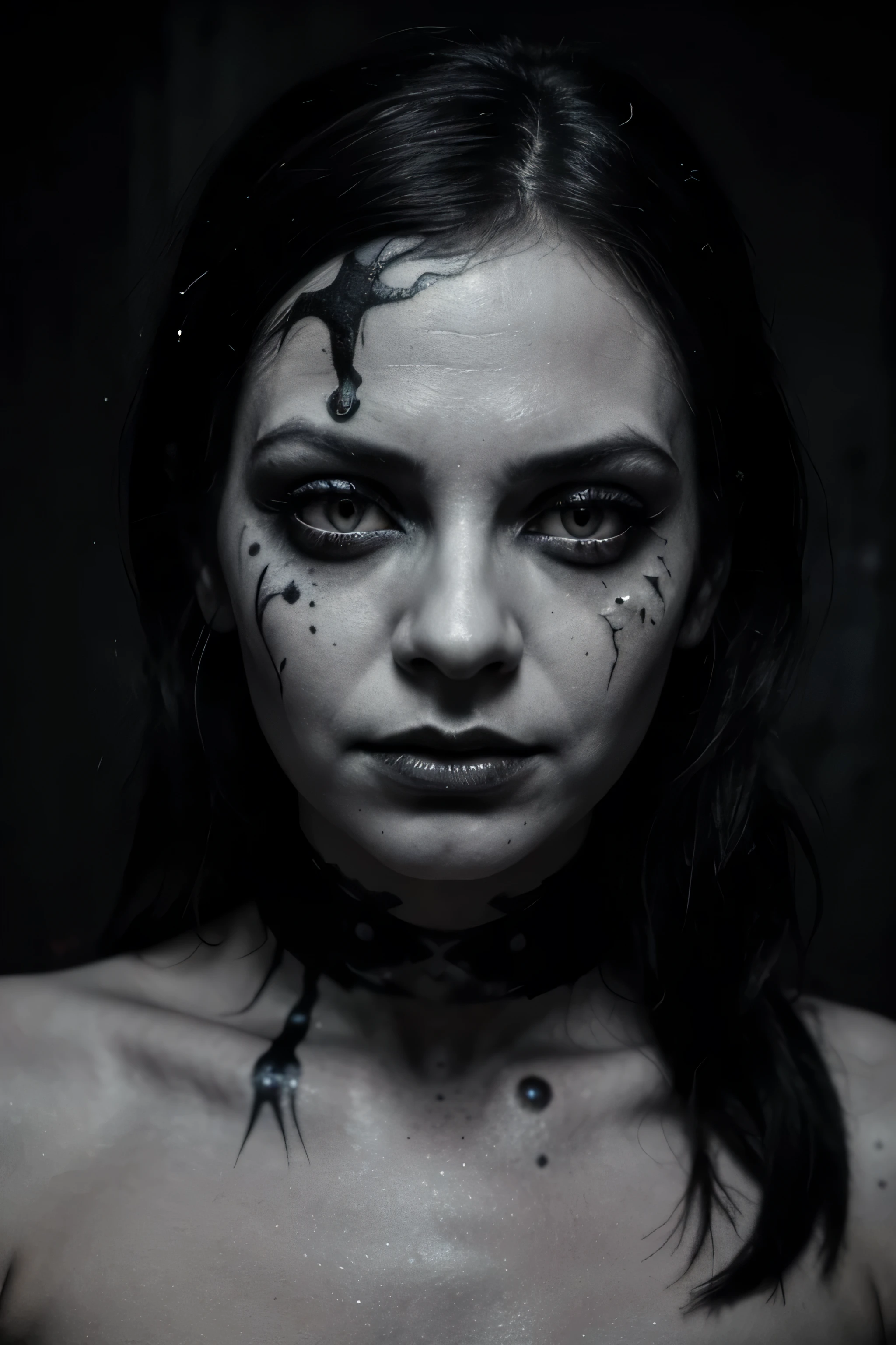 un primer plano de una mujer con pintura facial y maquillaje, cicatrizado face, cara decadente, cicatrizado, cicatrizado face, retrato arenoso, Retrato aterrador, goth face, mirada aterradora, black and white art photography., Nicolas Delort, enfermo, Creepy Gothic portrait, horror photography, inspirado en Lee Jeffries, portrait of a sinister girl