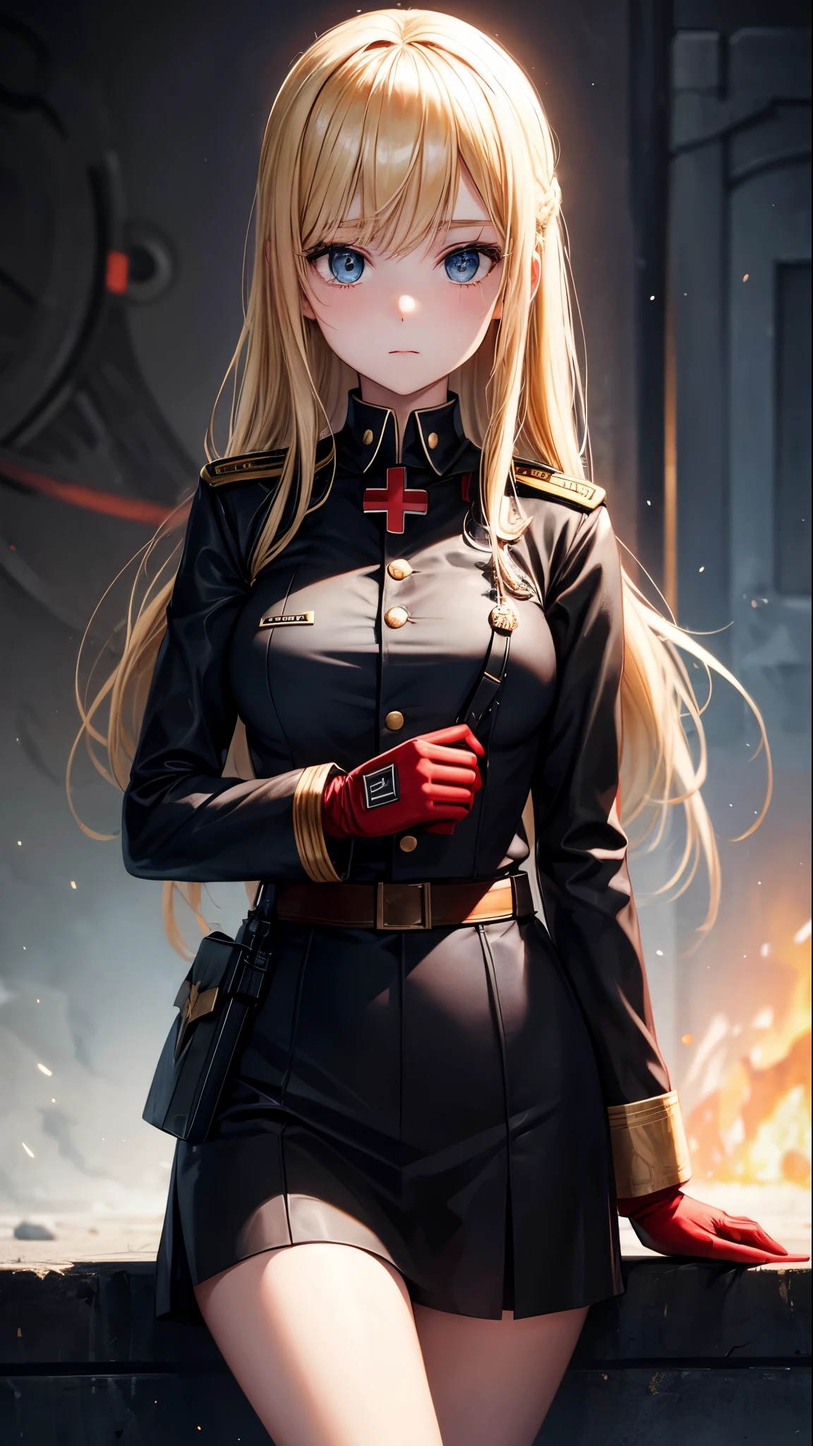 Blonde Girl, ww2 black Uniform, Red arm badge with Cross
