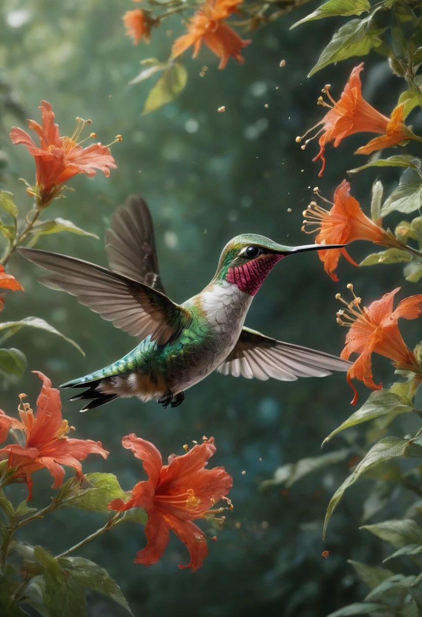 Hummingbird by Hergé, anime realism, best quality, masterpiece, 8k, Representative work, official art, Professional, Ultra intricate detailed