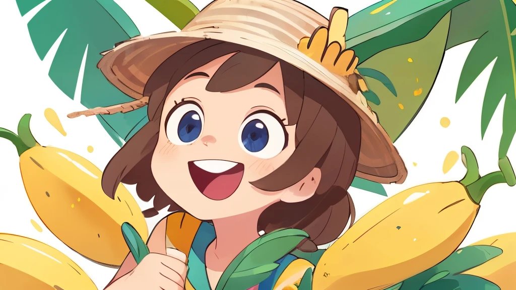 supper happy, banana hat, bananas background pattern, banana tree, yellow background, high detailed, fornite banana costume, shooting, explosion, high contrast, high saturation, guns, bananas, laughing, big eyes, smile, in a close view, front, girly brown hair, blue eyes