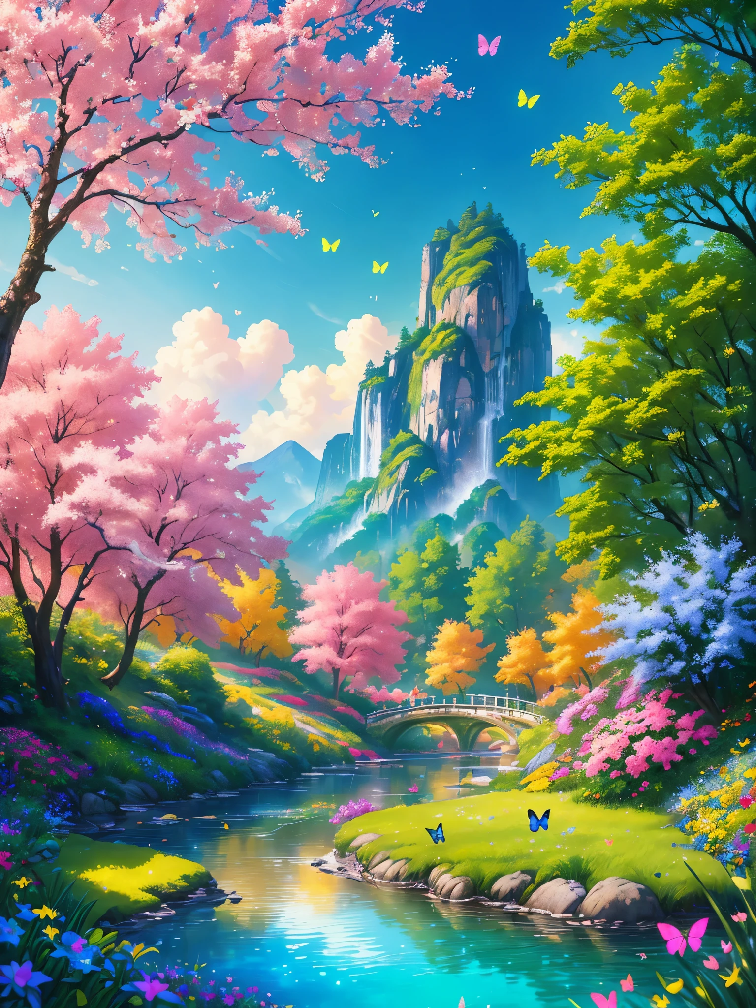 masterpiece, best quality, high quality, extremely detailed cg unity 8k wallpaper, an extremely colorful and purely fantasy environment with vibrant hues and a bright sky, landscape of bright green grass, colorful trees, glittering fruits, and bright blue flowers. the streams are a deep shade of blue, and the air is filled with sweet exotic scents. the environment appears to be taken out of a dream, with luminescent butterflies and giant colorful birds flying around, award winning photography, bokeh, depth of field, hdr, bloom, chromatic aberration ,photorealistic,extremely detailed, trending on artstation, trending on cgsociety, intricate, high detail, dramatic, art by midjourney