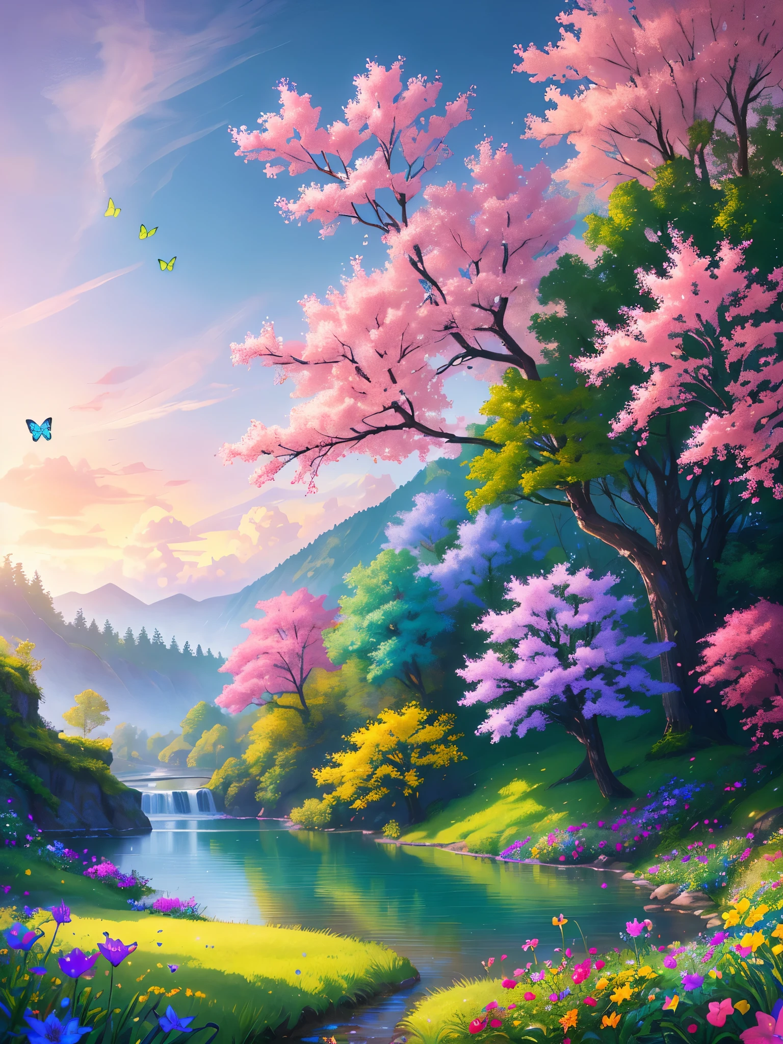 masterpiece, best quality, high quality, extremely detailed cg unity 8k wallpaper, an extremely colorful and purely fantasy environment with vibrant hues and a bright sky, landscape of bright green grass, colorful trees, glittering fruits, and bright blue flowers. the streams are a deep shade of blue, and the air is filled with sweet exotic scents. the environment appears to be taken out of a dream, with luminescent butterflies and giant colorful birds flying around, award winning photography, bokeh, depth of field, hdr, bloom, chromatic aberration ,photorealistic,extremely detailed, trending on artstation, trending on cgsociety, intricate, high detail, dramatic, art by midjourney