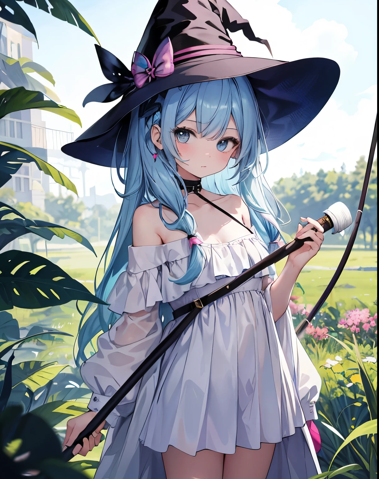 masterpiece, girl,alone,long hair,light blue hair,off shoulder:1.2,big cane,Completely naked,witch,field,naked pussy tits naked nipples shy face,eye color pink,