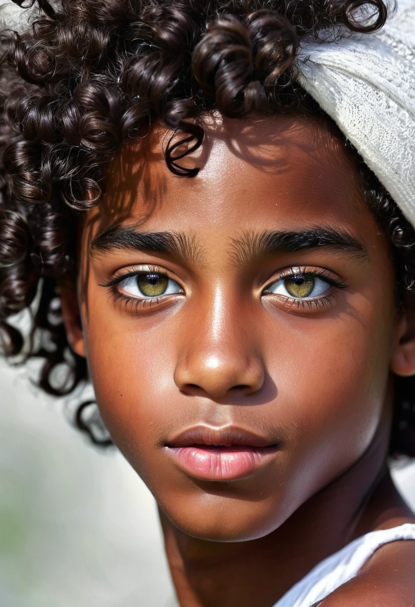 (((dark-skinned))), illustration avec un jeune garçon, curly hair, peau noire, yeux verts, with full lips, traits délicats du visage, (1 jeune homme dans la vingtaine)