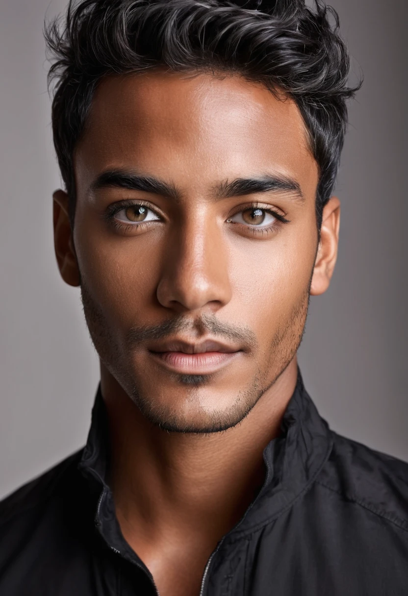 (((dark-skinned))), Thiago, Metis Man, Blanc, yeux noirs, cheveux courts, dark hair, Lightweight clothing, Fond Neutre D'expression Joyeuse, Éclairage de studio professionnel, Couleurs vives