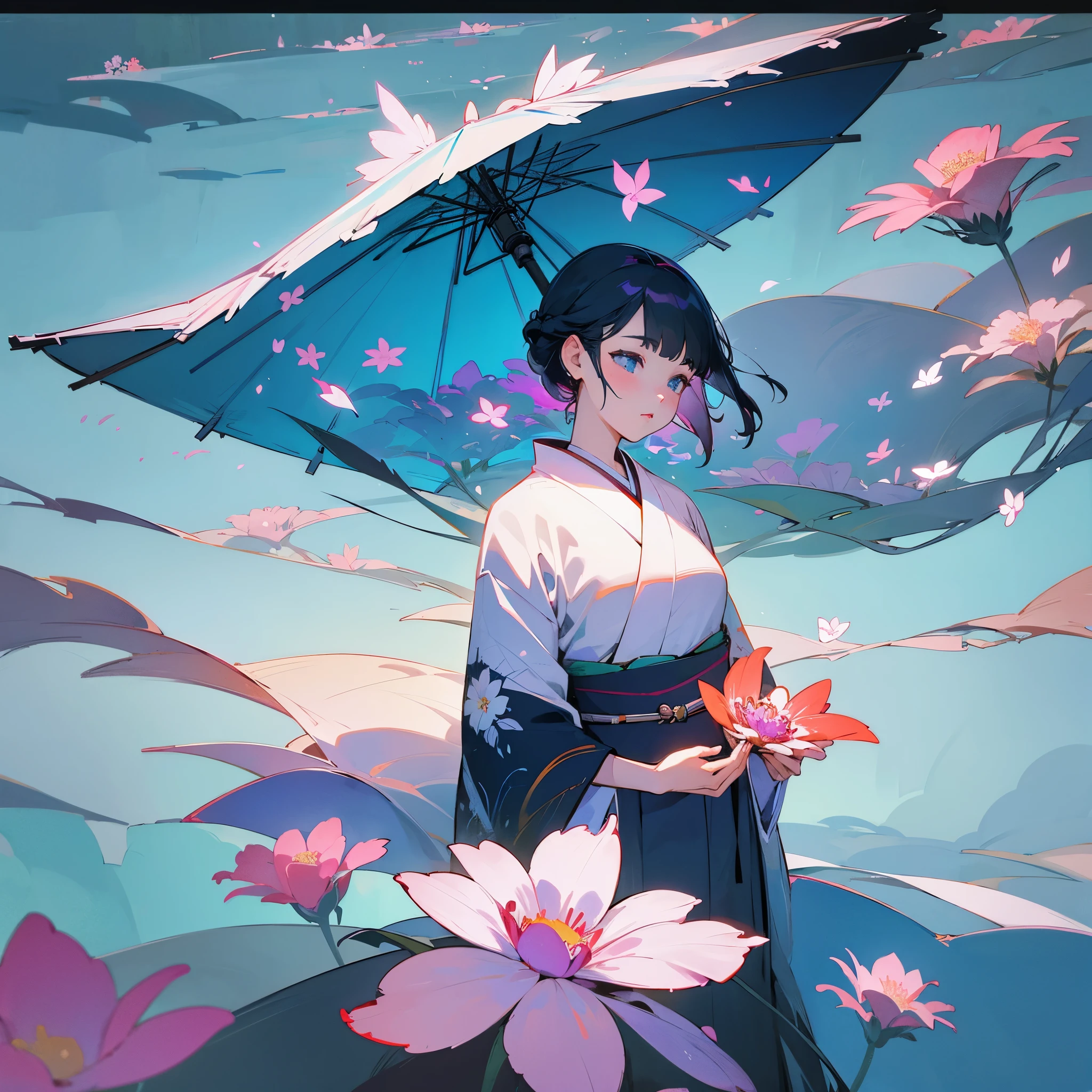 grace、flower、woman、kimono、beautiful、best image quality、Landscape painting、psychedelic
