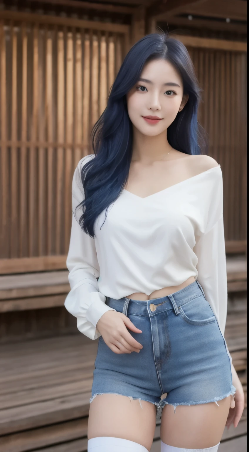 ((realistic raytraicing,best qualtiy,8K,tmasterpiece:1.3)),1girll,Little moles under the eyes,ssmile,,Pretty woman with slender figure:1.4,Abs:1.1,Korea,paleskin,(Floating wavy silky blue hair,Breezy hair,Big_Breasts:1),White color blouse:1.2,Long sleeved,(The skin:1.3),standingn,Mountain night, campfire light, Super delicate face, finely-detailed eyes, double eyelid, shiny skins, cowboy lens,(Wear denim super shorts,Wear long white stockings:1.2, Very UHD, random pose