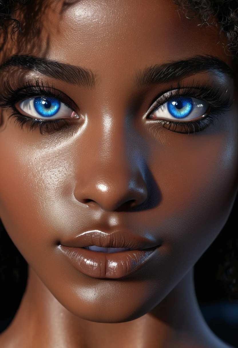 (((dark-skinned))), masterpiece, best quality, 1girl, afro hair, dark hair, shiny hair, ((blue eyes)), extremely detailed eyes, shiny eyes, ((dark skin)), shiny skin, skin texture, extremely detailed skin, photo realistic, extremely detailed, high quality , fine detailing on the face and skin, detailed eyes