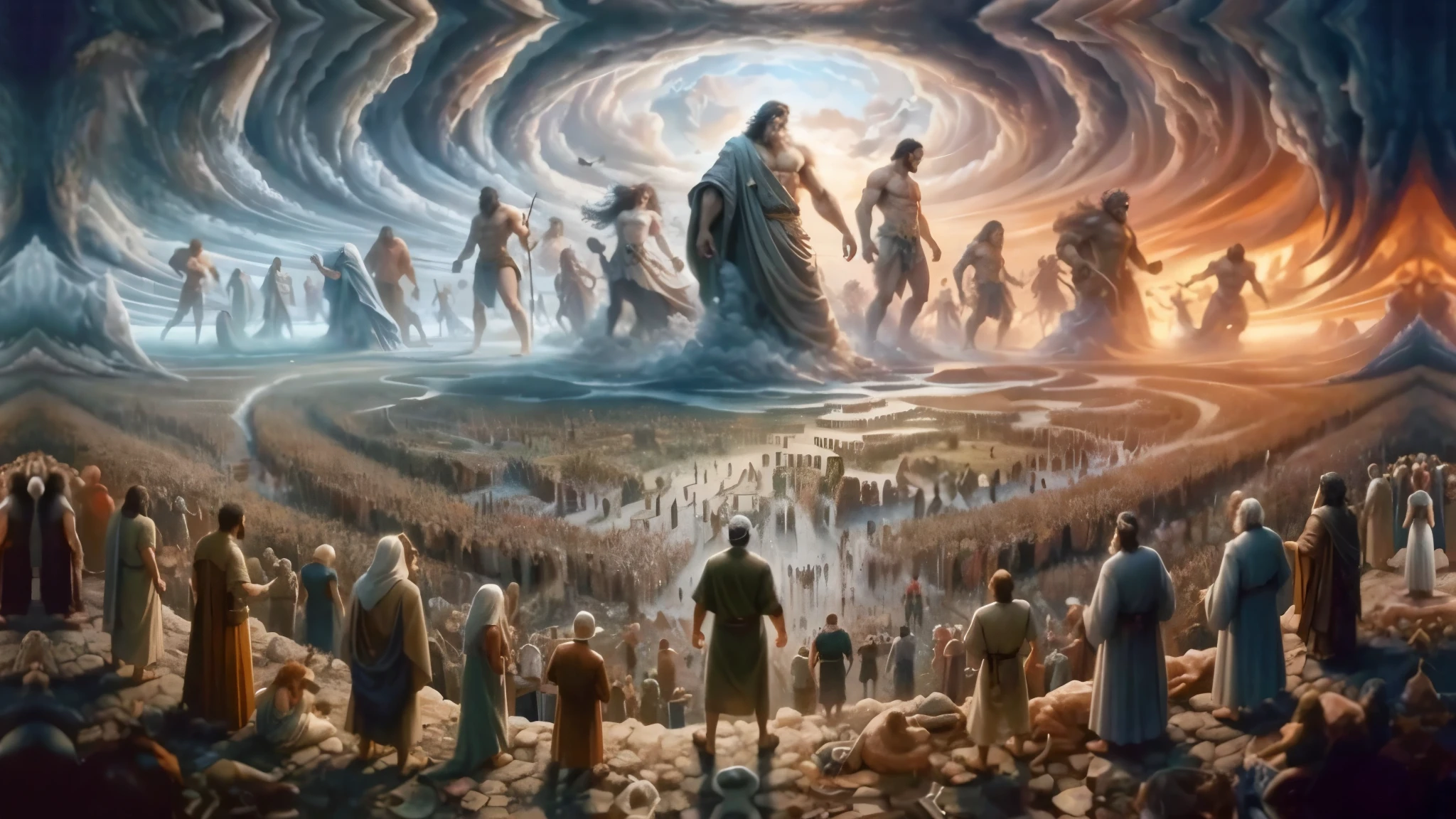 a painting of a group of people standing in a cave, epic biblical representation, biblical painting, moisés, arte conceitual de deus, beautiful image already created, rob mcnaughton, por Scott M. Fischer, bible illustration, por Alexander Kucharsky, incredibly epic visuals, biblical art, beautiful representation, Complex and epic composition, reino divino dos deuses, Jon McNaughton