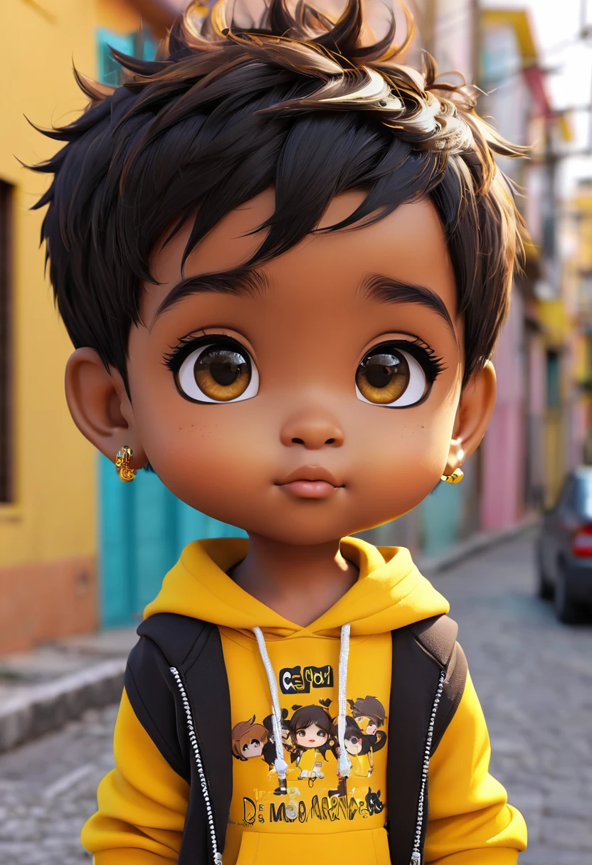 menino negro, bonito e fofo, street, sorrindo, usando touca e moletom, face, Estilo Chibi, cabelos bicolores, amarelo e marrom olhos de detalhe perfeito, rosto delicado, CG perfeito, Qualidade de imagem HD, fundo simples